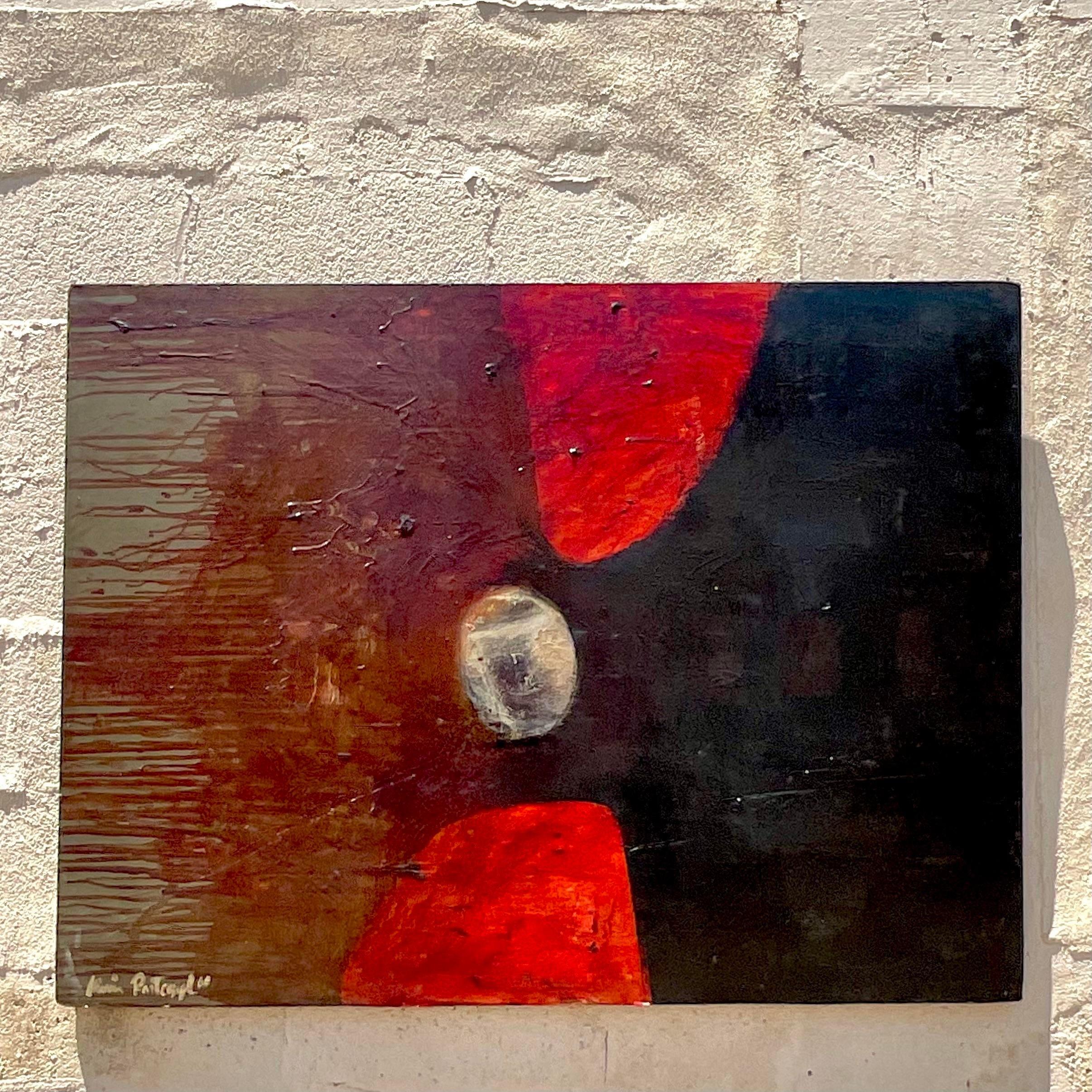 Peinture à l'huile abstraite originale de Boho sur panneau Bon état - En vente à west palm beach, FL