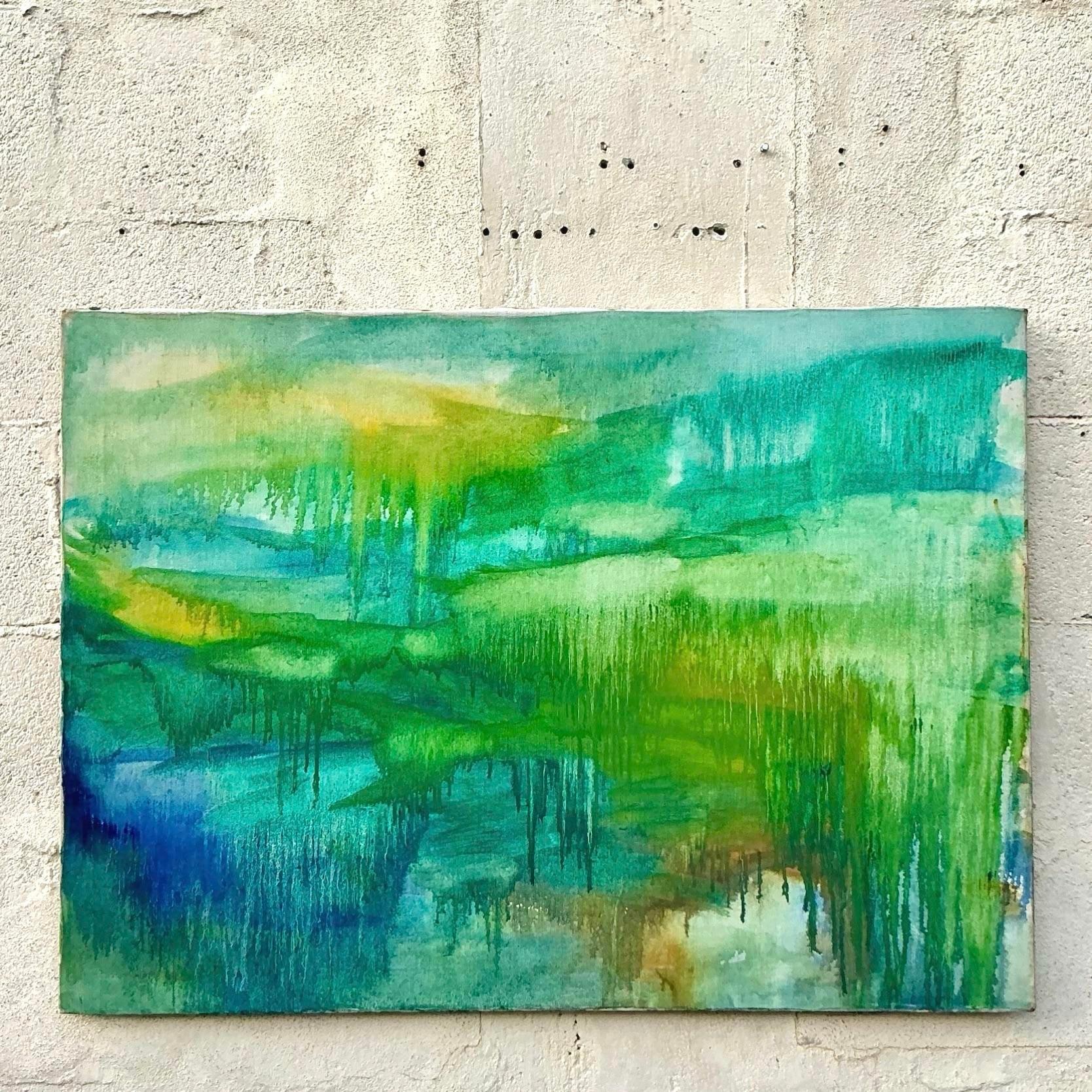 Vintage Boho Pintura al óleo abstracta original sobre lienzo en venta 4