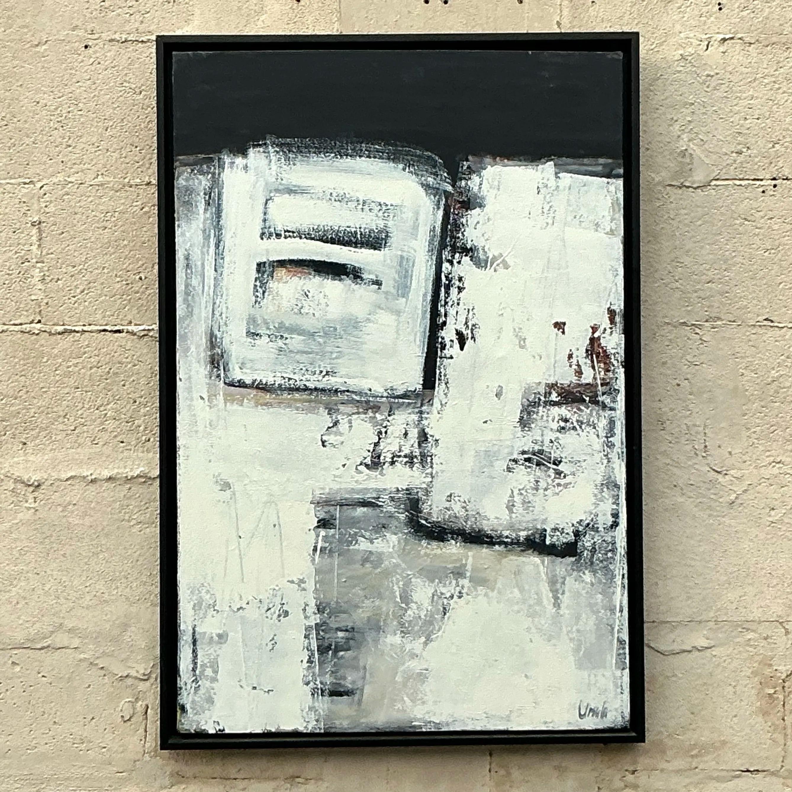 Vintage Boho Pintura al óleo abstracta original sobre lienzo en venta 4