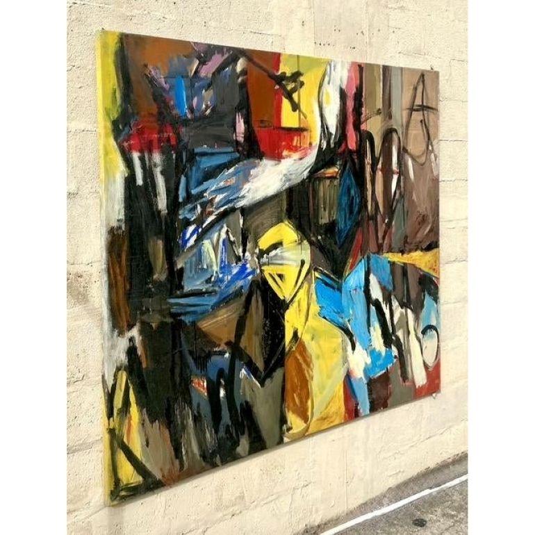 Este llamativo óleo abstracto vintage sobre lienzo desprende una energía audaz y un arte expresivo. La dinámica composición presenta una gama de colores vibrantes -azules profundos, rojos ardientes y amarillos dorados- mezclados con tonos oscuros y