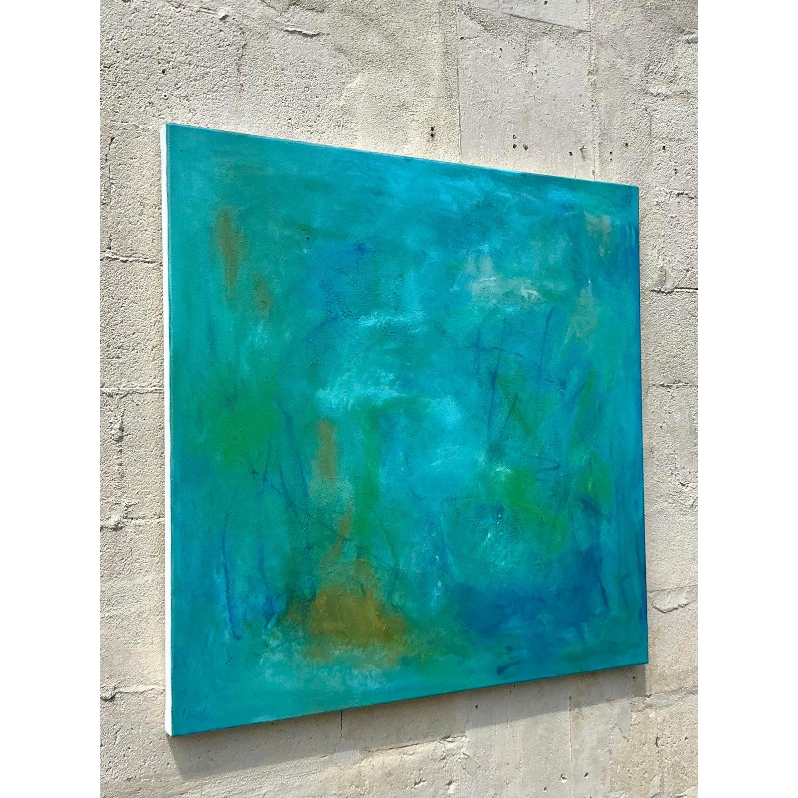 Tauchen Sie ein in die beruhigenden Farbtöne dieses abstrakten Ölgemäldes im Boho-Stil, das jedem Raum einen Hauch von Ruhe und künstlerischer Raffinesse verleiht. Mit einer fließenden Mischung aus Blau-, Grün- und subtilen Erdtönen erinnert dieses