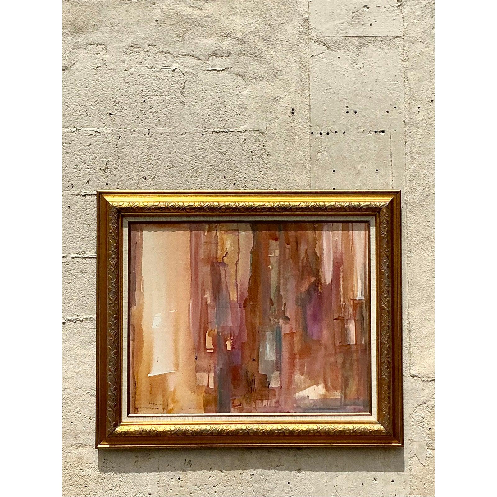 Verleihen Sie Ihrem Raum künstlerisches Flair mit diesem Vintage Boho Original Abstraktes Ölgemälde auf Leinwand, ein fesselndes Werk, das kreative Energie ausstrahlt. Die wirbelnden Schattierungen von erdigen Brauntönen, zarten Rosatönen und