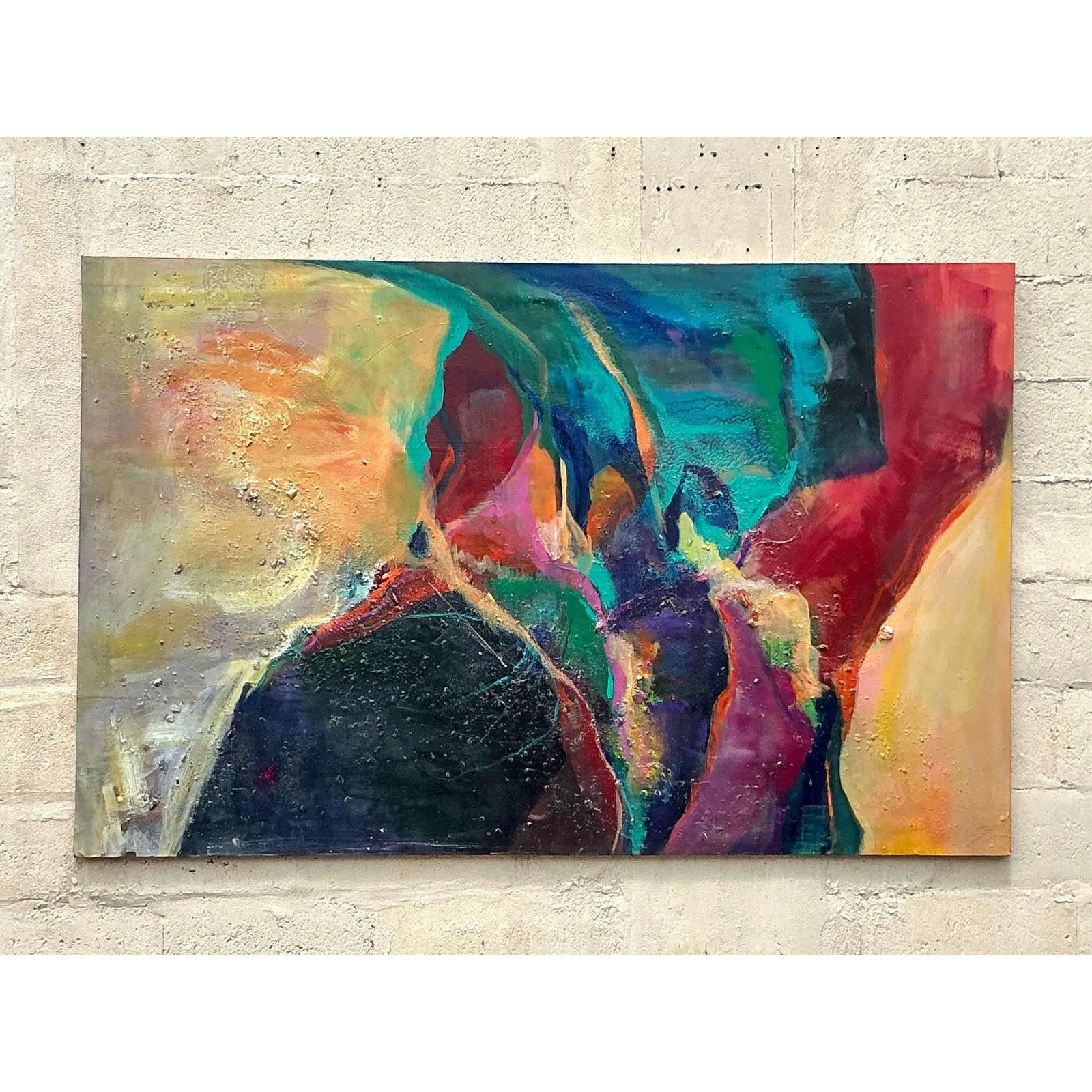 Verwandeln Sie Ihren Raum mit der dynamischen Energie dieses Vintage Boho Original Abstraktes Ölgemälde auf Leinwand, ein kühnes und ausdrucksstarkes Werk, das die Essenz der Bohème-Kunst einfängt. Dieses großformatige Kunstwerk besticht durch eine