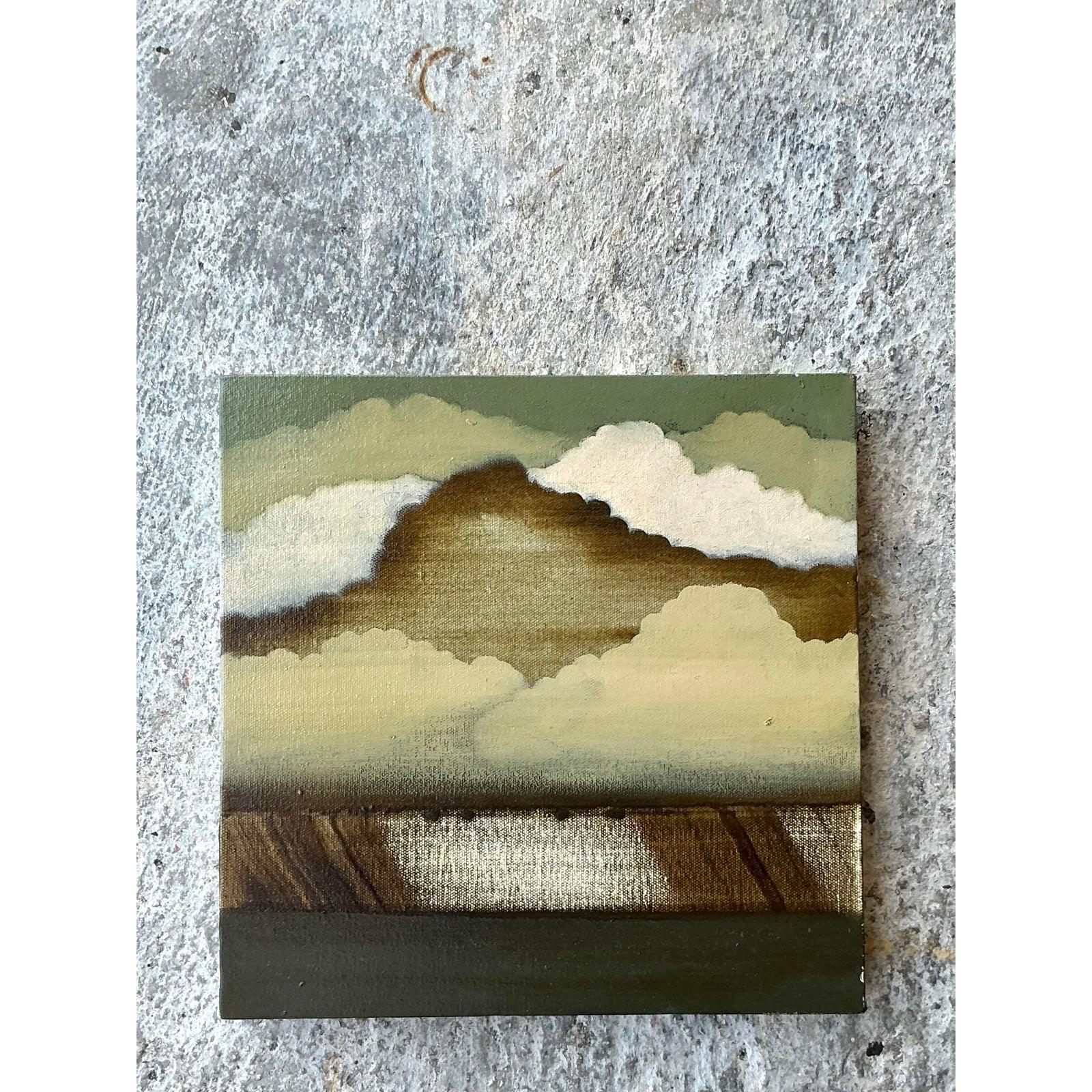 Halten Sie die stille Schönheit der Natur mit diesem stimmungsvollen, abstrakten Ölgemälde fest. Dieses auf Leinwand [oder Karton - bitte angeben, falls bekannt] gemalte Vintage-Stück interpretiert auf wunderbare Weise eine atmosphärische Szene mit