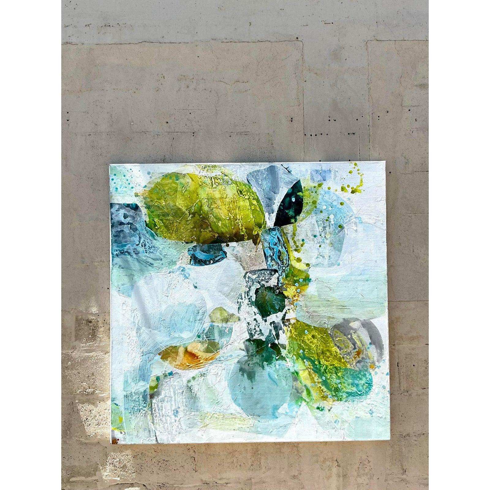 Bringen Sie einen Ausbruch von fesselnder Energie und anspruchsvoller Kunstfertigkeit in Ihren Raum mit diesem ausladenden Vintage Boho Original Abstraktes Ölgemälde auf Leinwand. Dieses einzigartige Stück zeichnet sich durch ein dynamisches