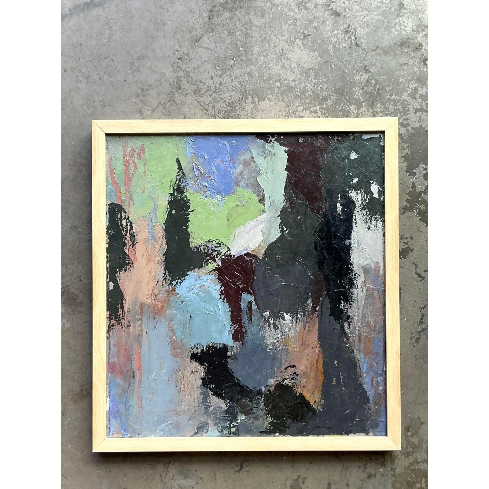 Dieses beeindruckende abstrakte Original-Ölgemälde im Vintage-Stil auf Leinwand verleiht Ihrem Raum eine lebendige Energie und künstlerischen Ausdruck. Dieses fesselnde Stück, reich an pastosen Strukturen und einem dynamischen Farbenspiel,