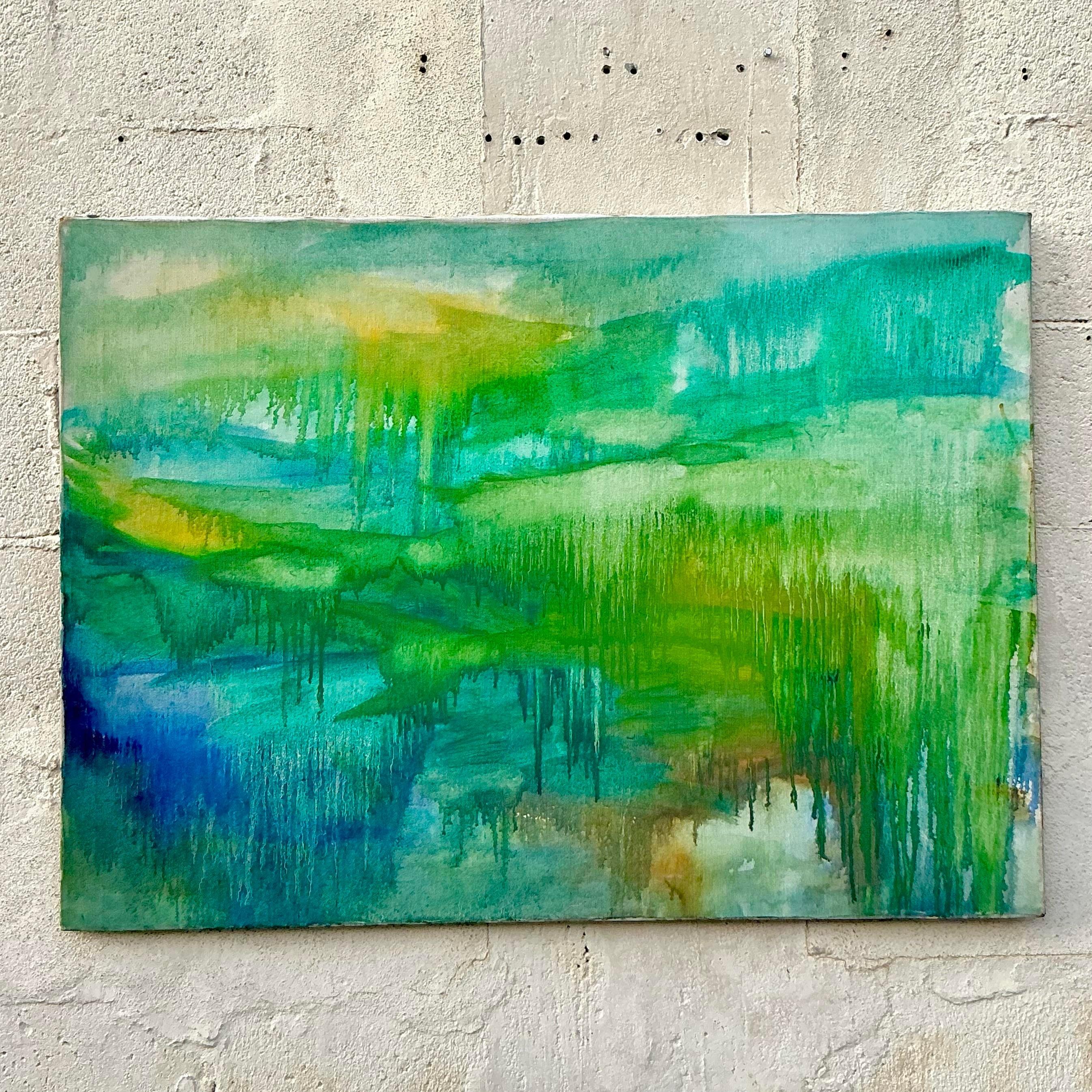 Vintage Boho Pintura al óleo abstracta original sobre lienzo Estadounidense en venta