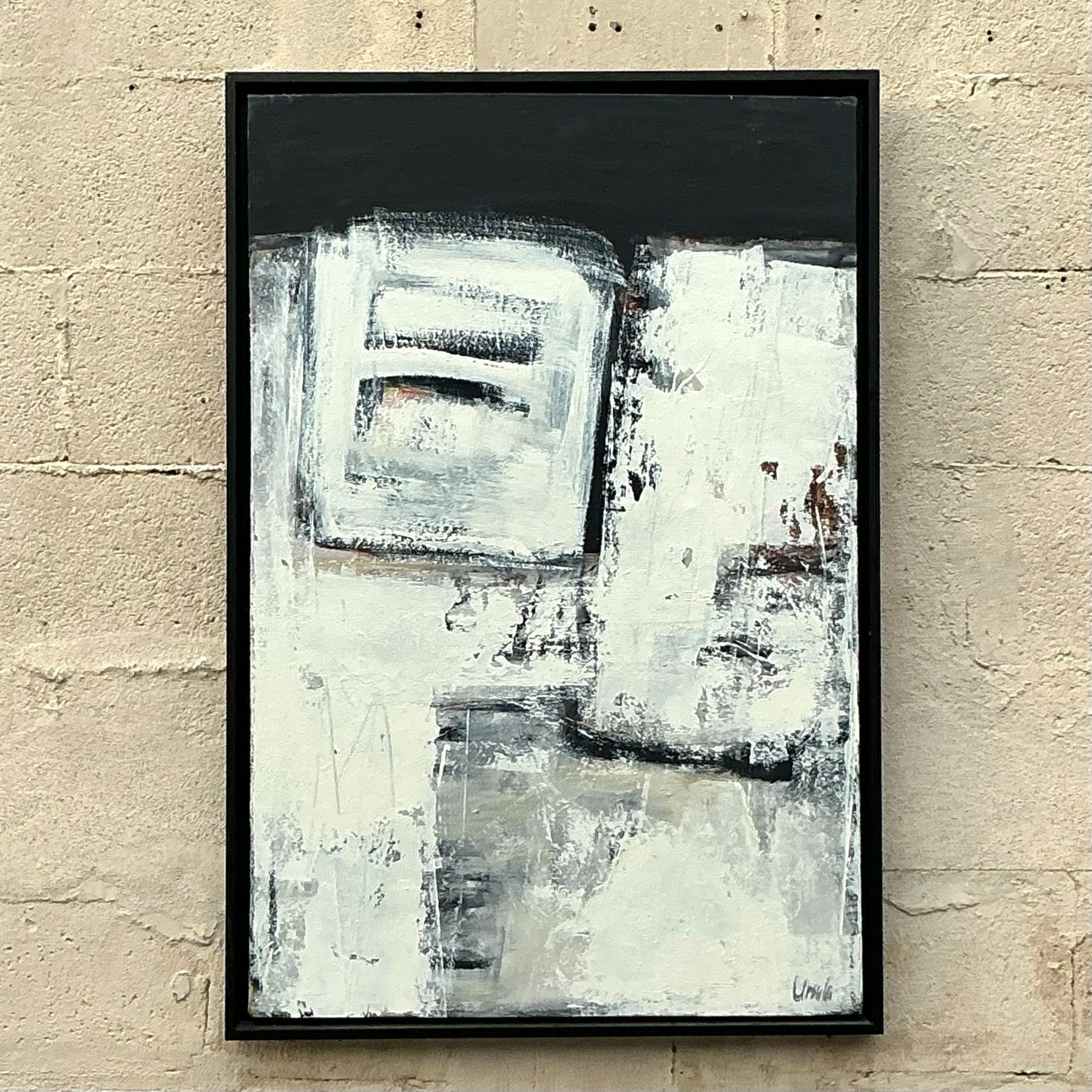 Vintage Boho Pintura al óleo abstracta original sobre lienzo Estadounidense en venta