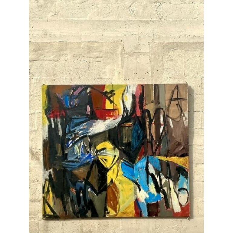 Vintage Boho Pintura al óleo abstracta original sobre lienzo Estadounidense en venta