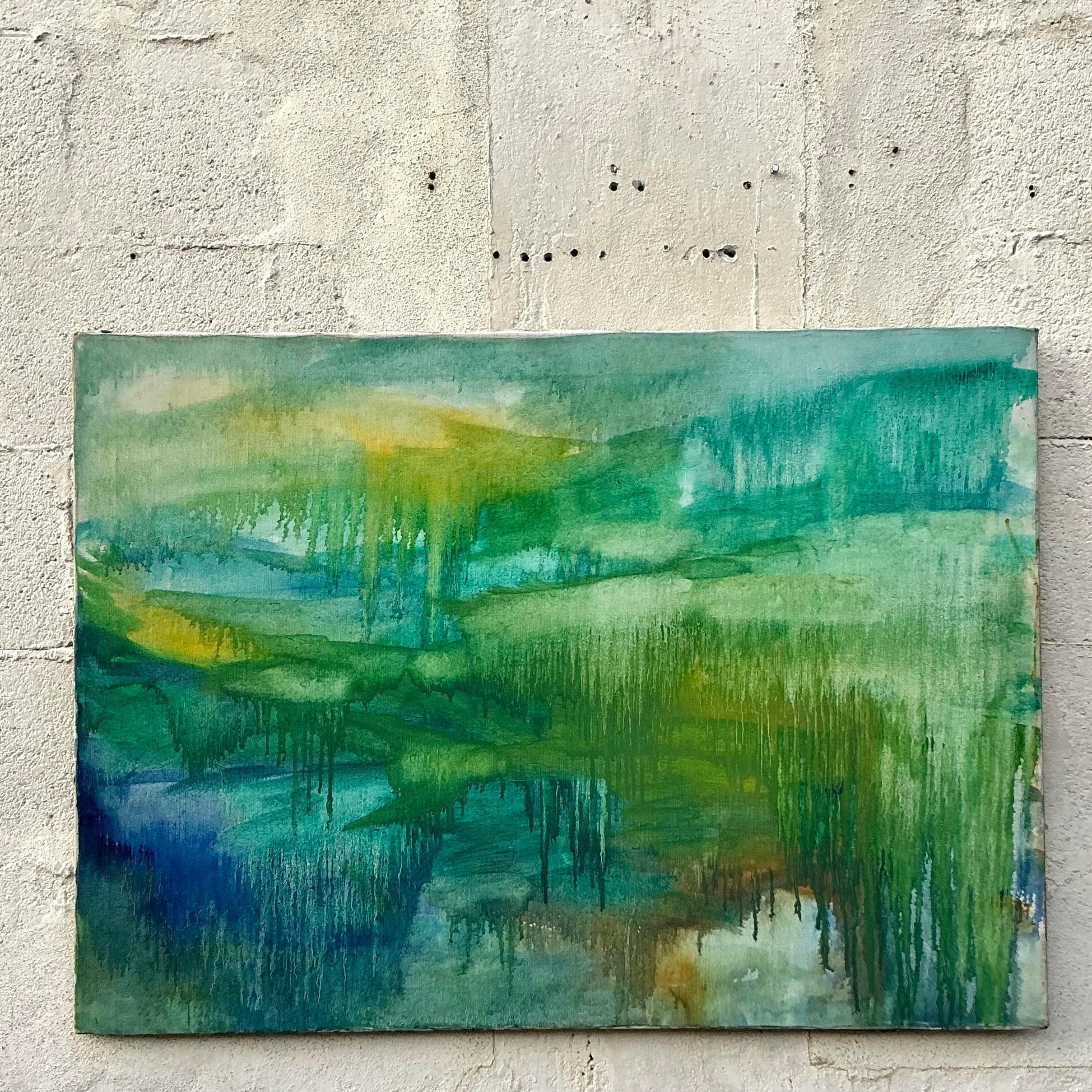 Vintage Boho Pintura al óleo abstracta original sobre lienzo en Bueno estado para la venta en west palm beach, FL