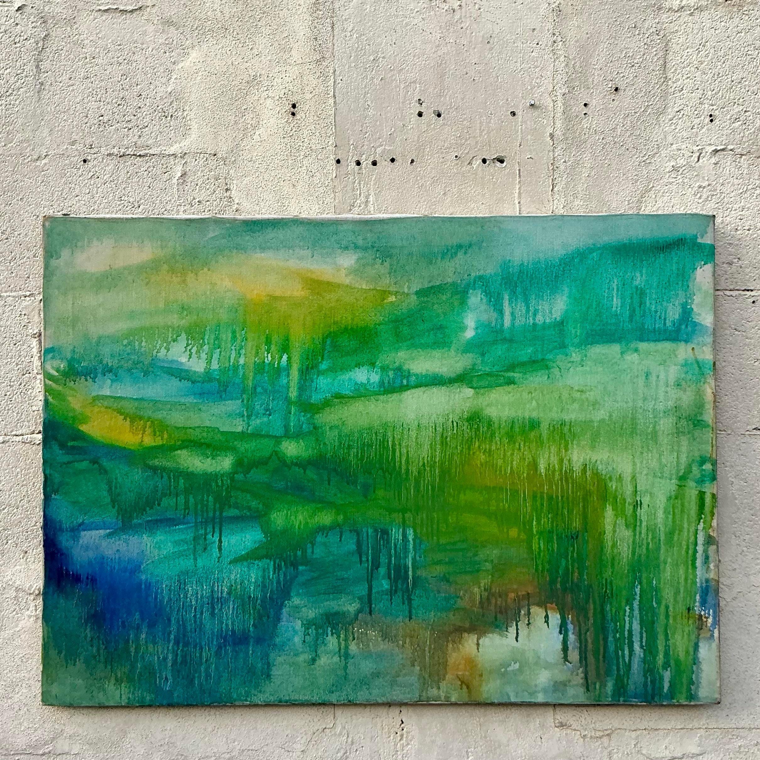Vintage Boho Pintura al óleo abstracta original sobre lienzo siglo XX en venta