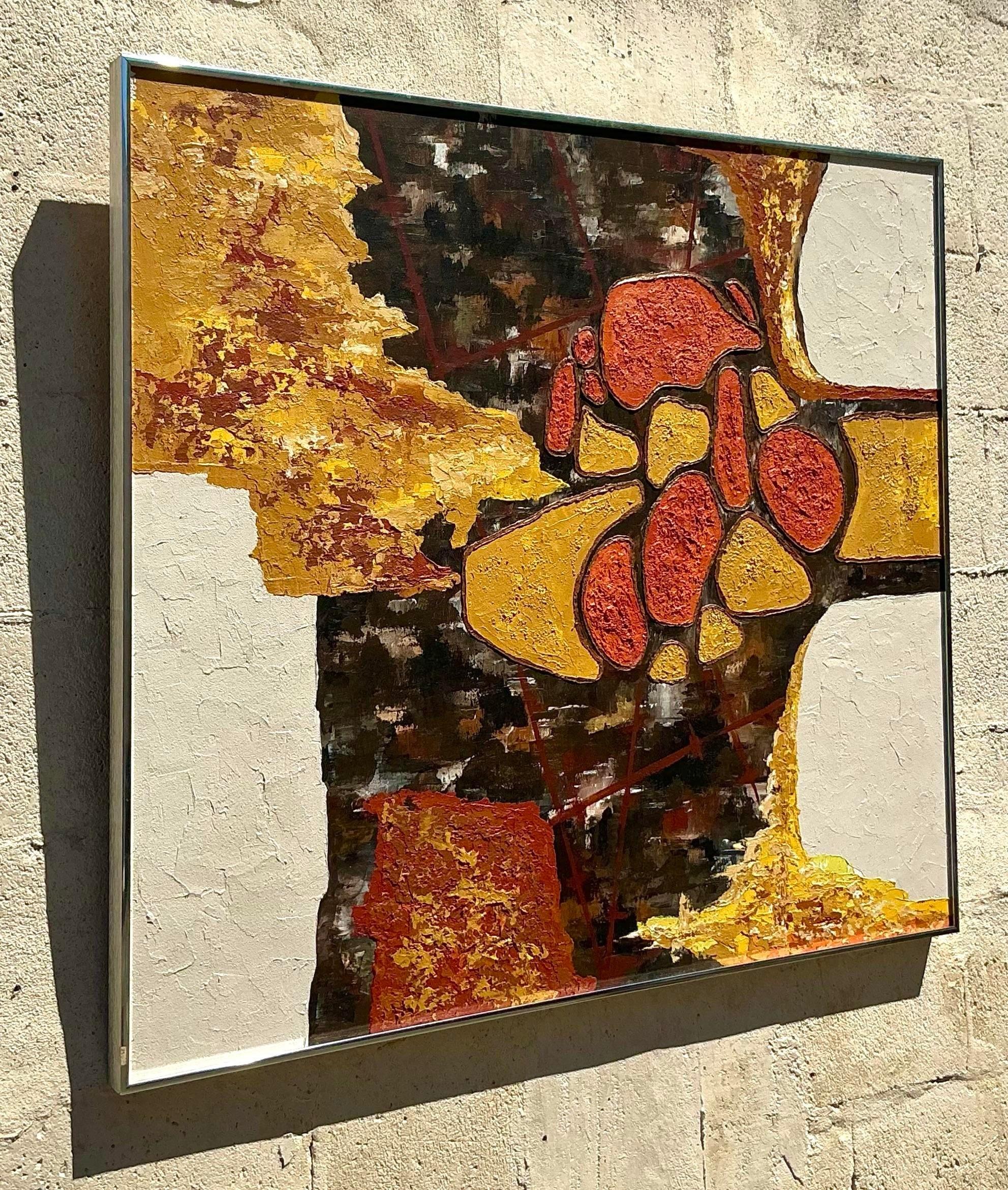 Originales abstraktes Ölgemälde auf Leinwand, Boho (Metall) im Angebot