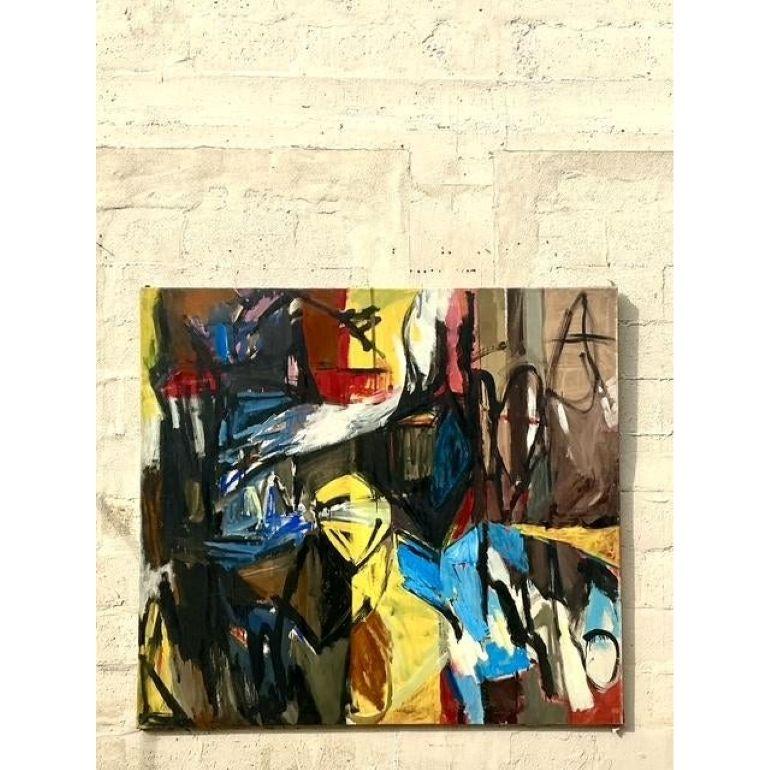 Vintage Boho Pintura al óleo abstracta original sobre lienzo Lienzo en venta
