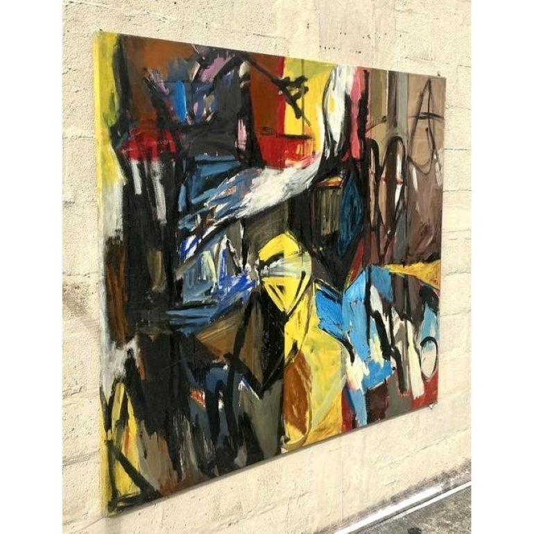 Vintage Boho Pintura al óleo abstracta original sobre lienzo en venta 1
