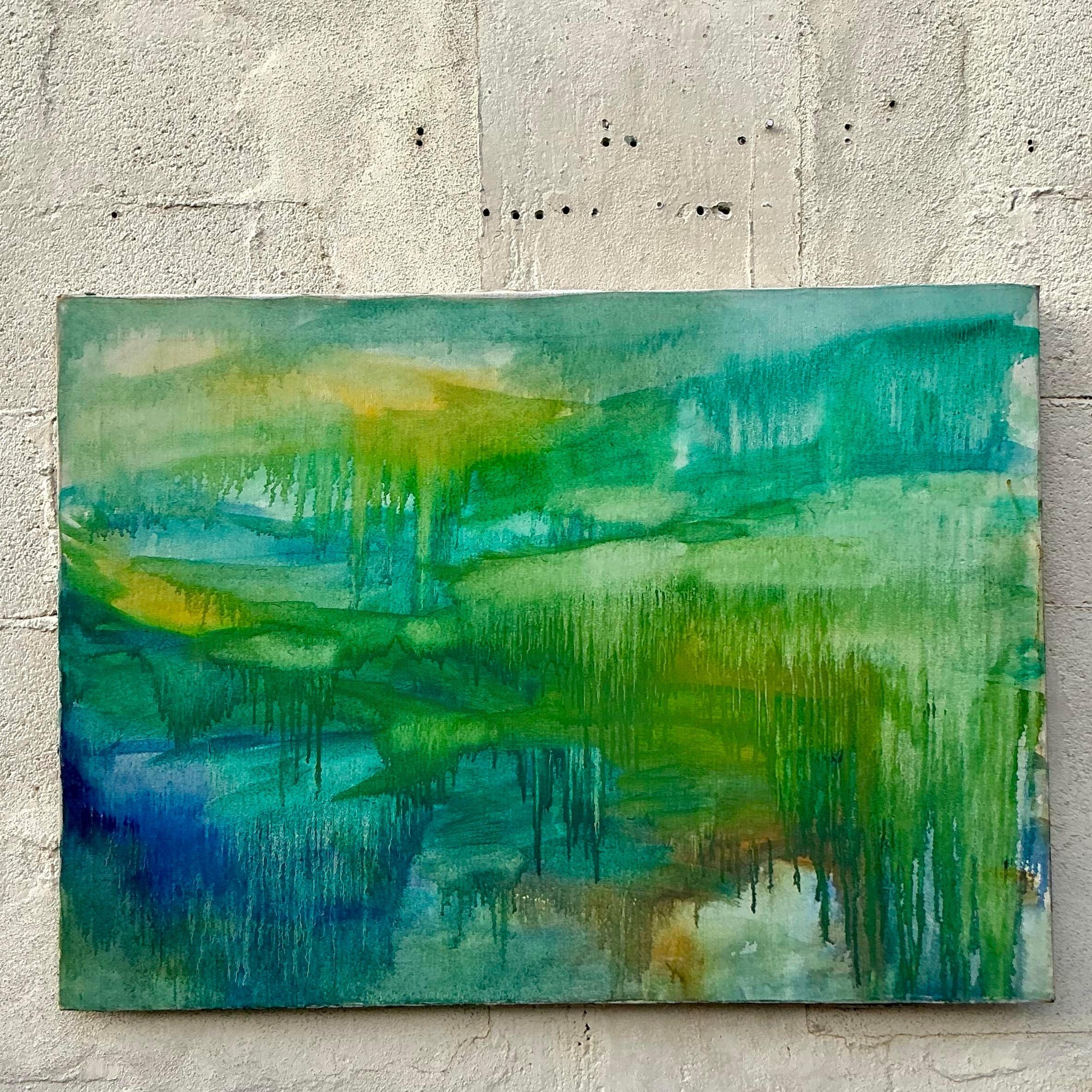 Vintage Boho Pintura al óleo abstracta original sobre lienzo en venta 2