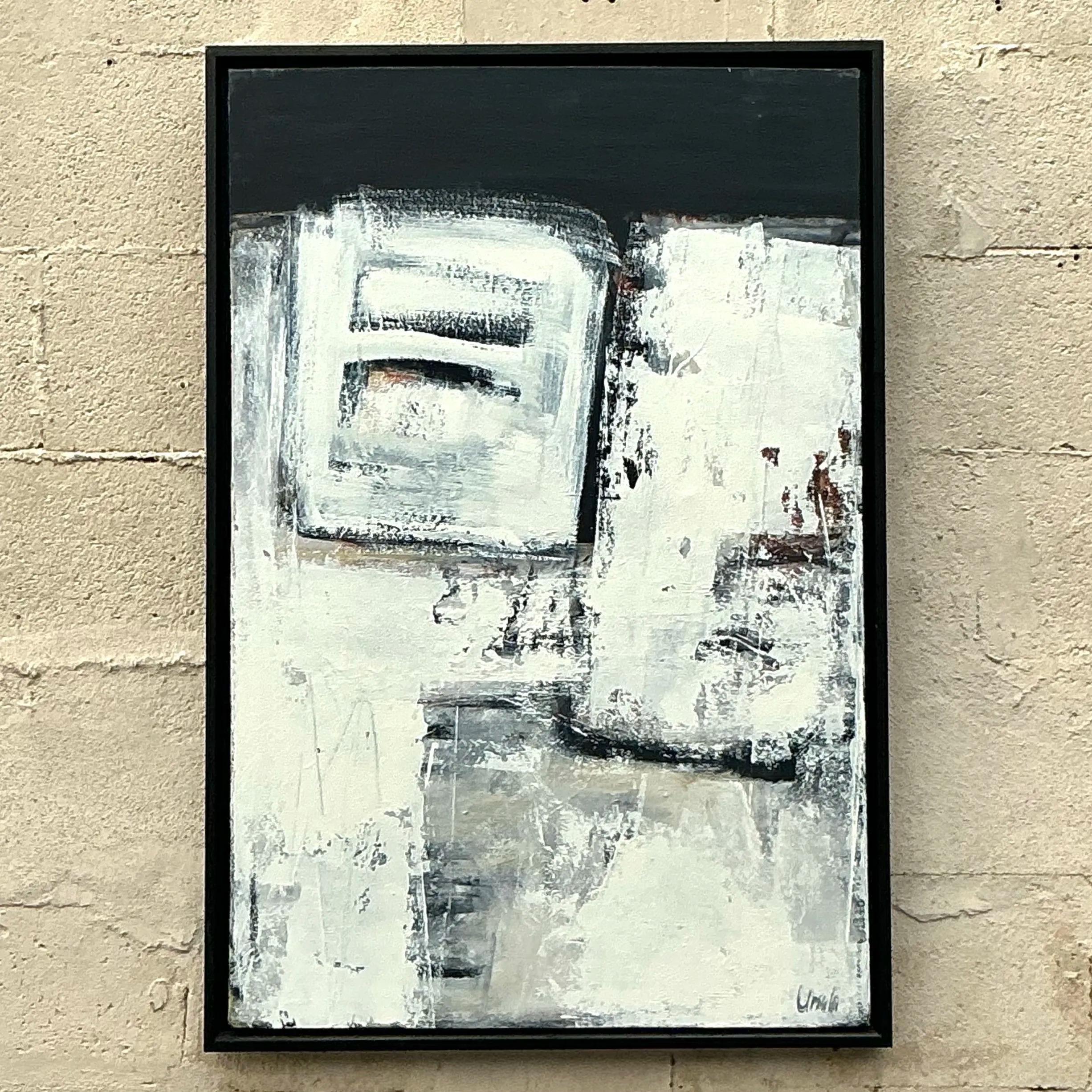 Vintage Boho Pintura al óleo abstracta original sobre lienzo en venta 2