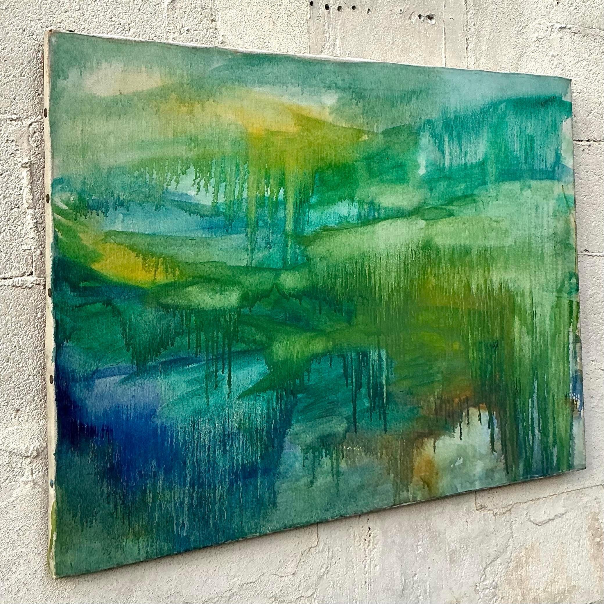 Vintage Boho Pintura al óleo abstracta original sobre lienzo en venta 3