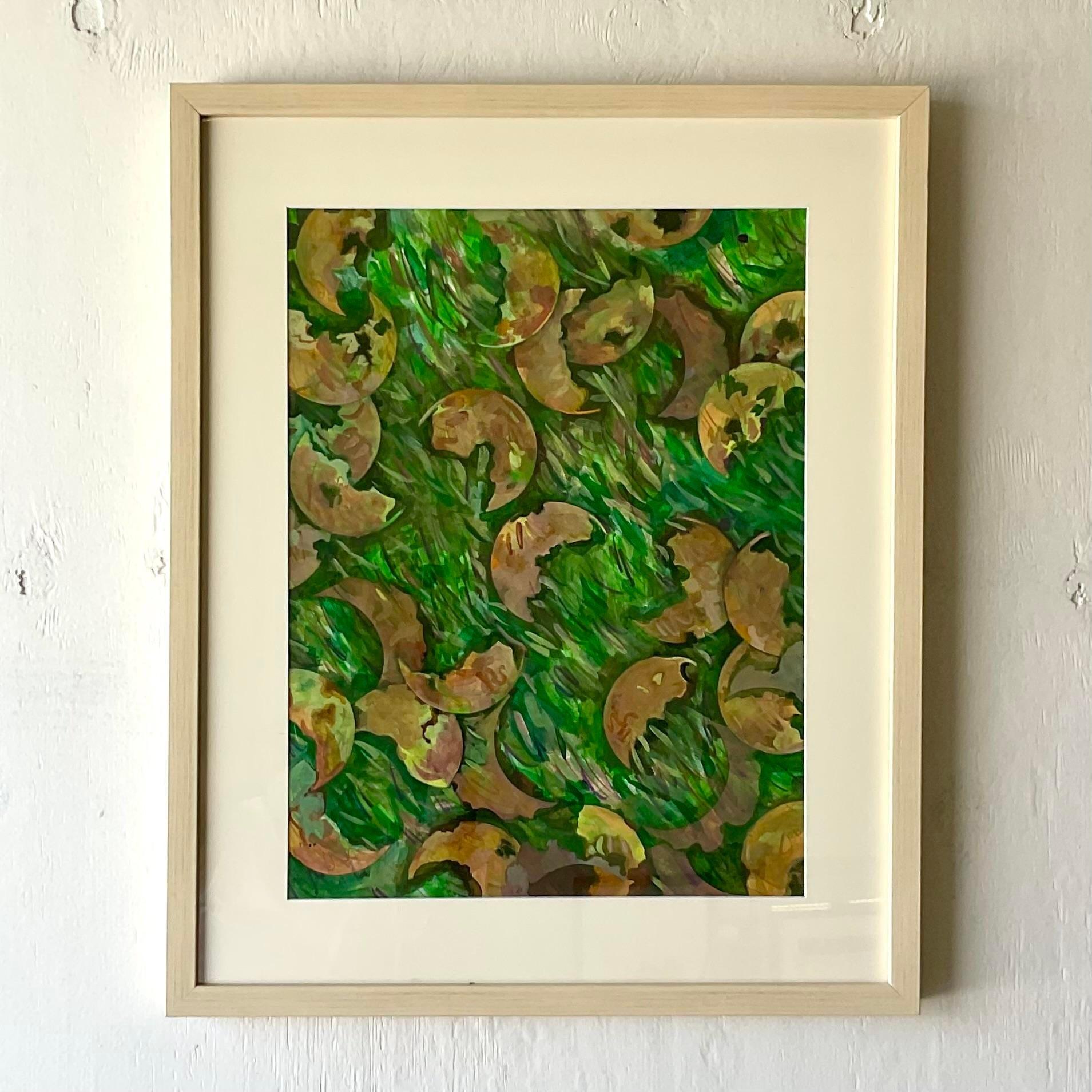 A fabulous vintage Boho original oil painting. Done by the collected artist Joe Davoli. Beautiful bright greens in a high energy composition. Newly framed. Acquired from a Palm Beach estate. 