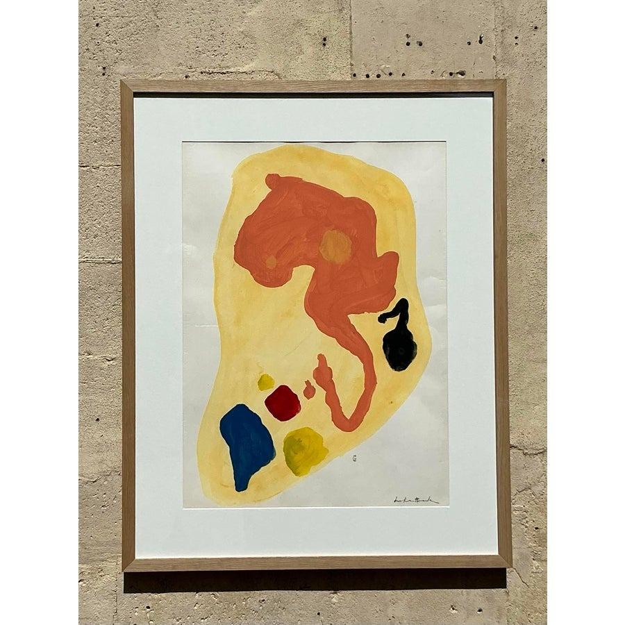 Originales abstraktes Ölgemälde auf Papier, Boho, Vintage (Holz) im Angebot