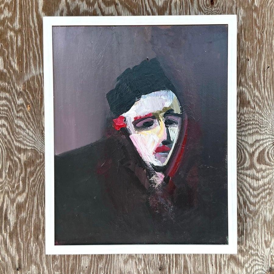Ce portrait à l'huile vintage boho saisissant capture l'émotion brute à travers son style expressionniste abstrait. Les coups de pinceau audacieux et la palette de couleurs riches et sombres créent une composition évocatrice, soulignant la présence