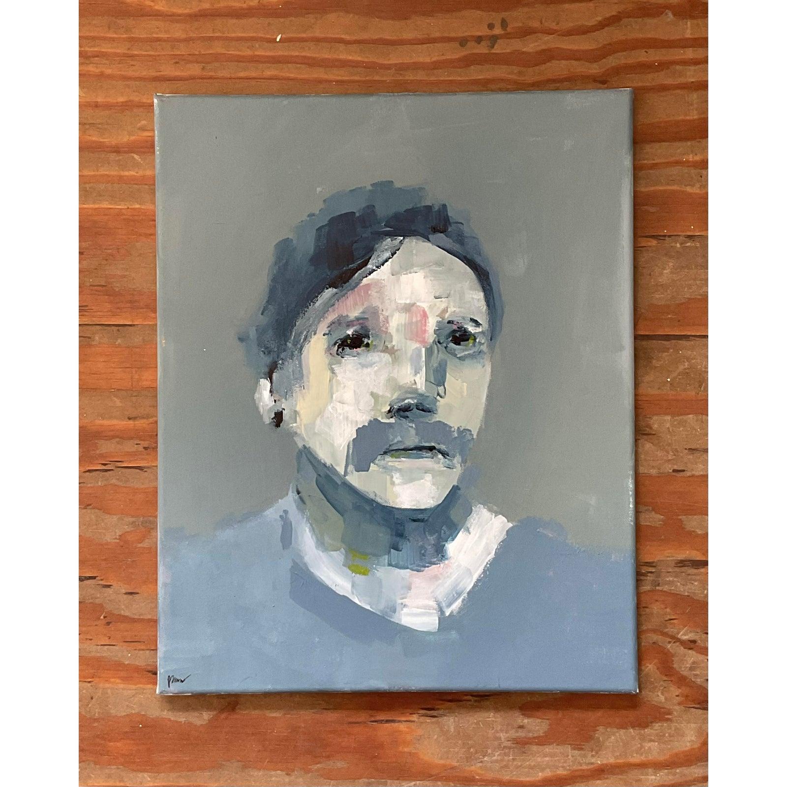 Nous vous présentons un captivant portrait à l'huile abstrait vintage original sur toile, une pièce qui encapsule magnifiquement l'essence libre d'esprit du Boho Chic avec une sensibilité artistique moderne. Cette œuvre d'art saisissante présente un