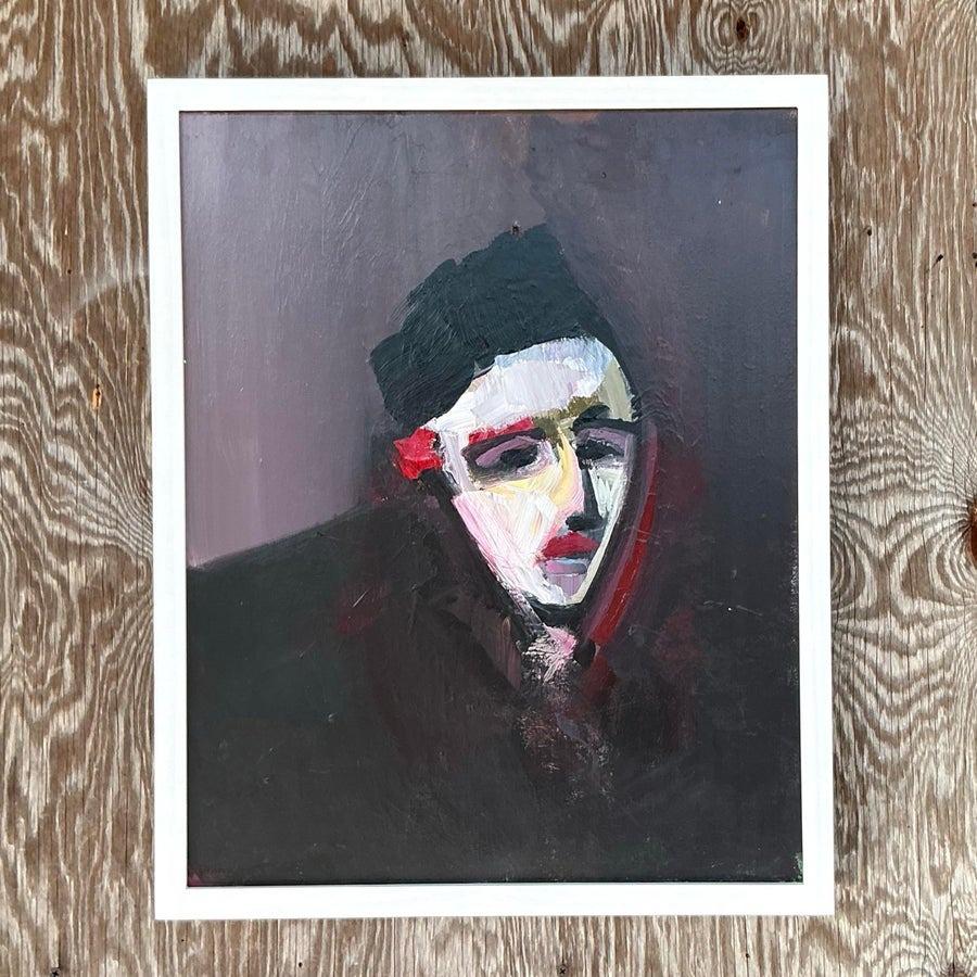 Moderne Portrait à l'huile abstrait original de Boho sur toile en vente