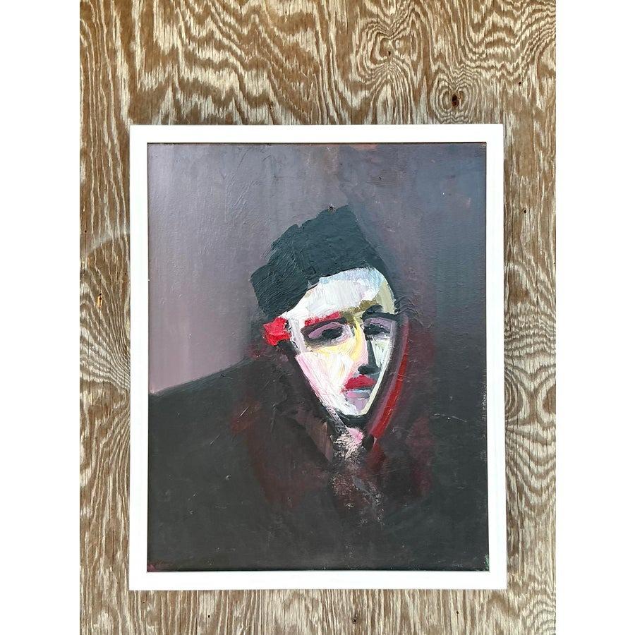 Américain Portrait à l'huile abstrait original de Boho sur toile en vente