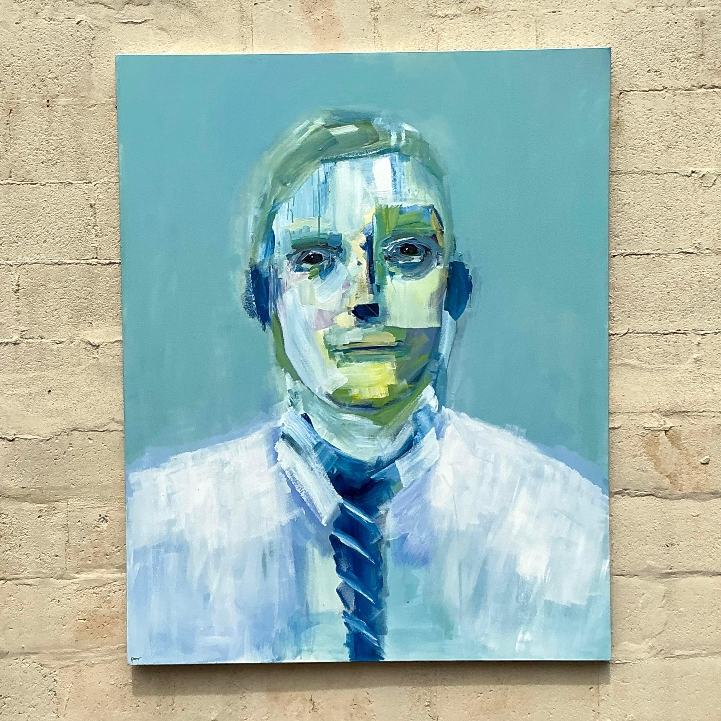 Este cautivador retrato abstracto vintage es una obra de arte única que aporta intriga y elegancia a cualquier espacio. Pintado en tonos fríos y relajantes de azul y verde, este retrato capta la esencia del expresionismo con sus pinceladas en capas