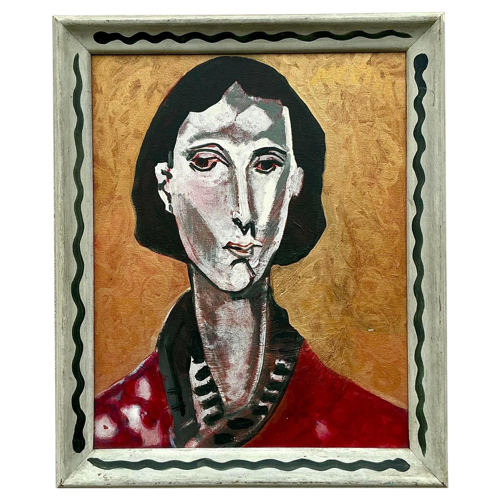 Vintage Boho Original Abstract Oil Portrait Painting on Canvas For Sale ...