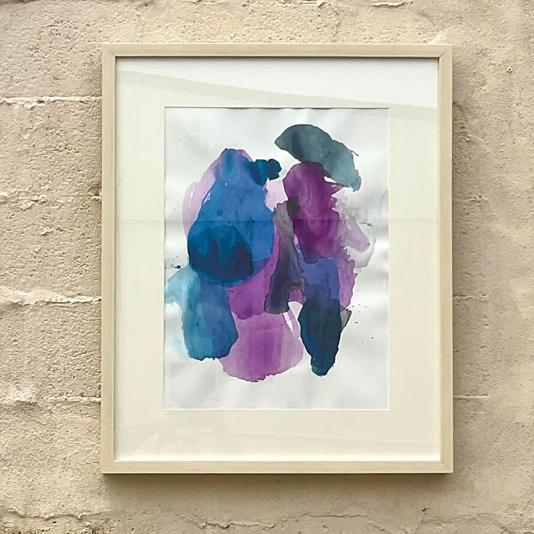 A stunning vintage Boho original watercolor on paper. A chic Abstract composing in brilliant colors. Signed en verso. Acquired from a Palm Beach estate.