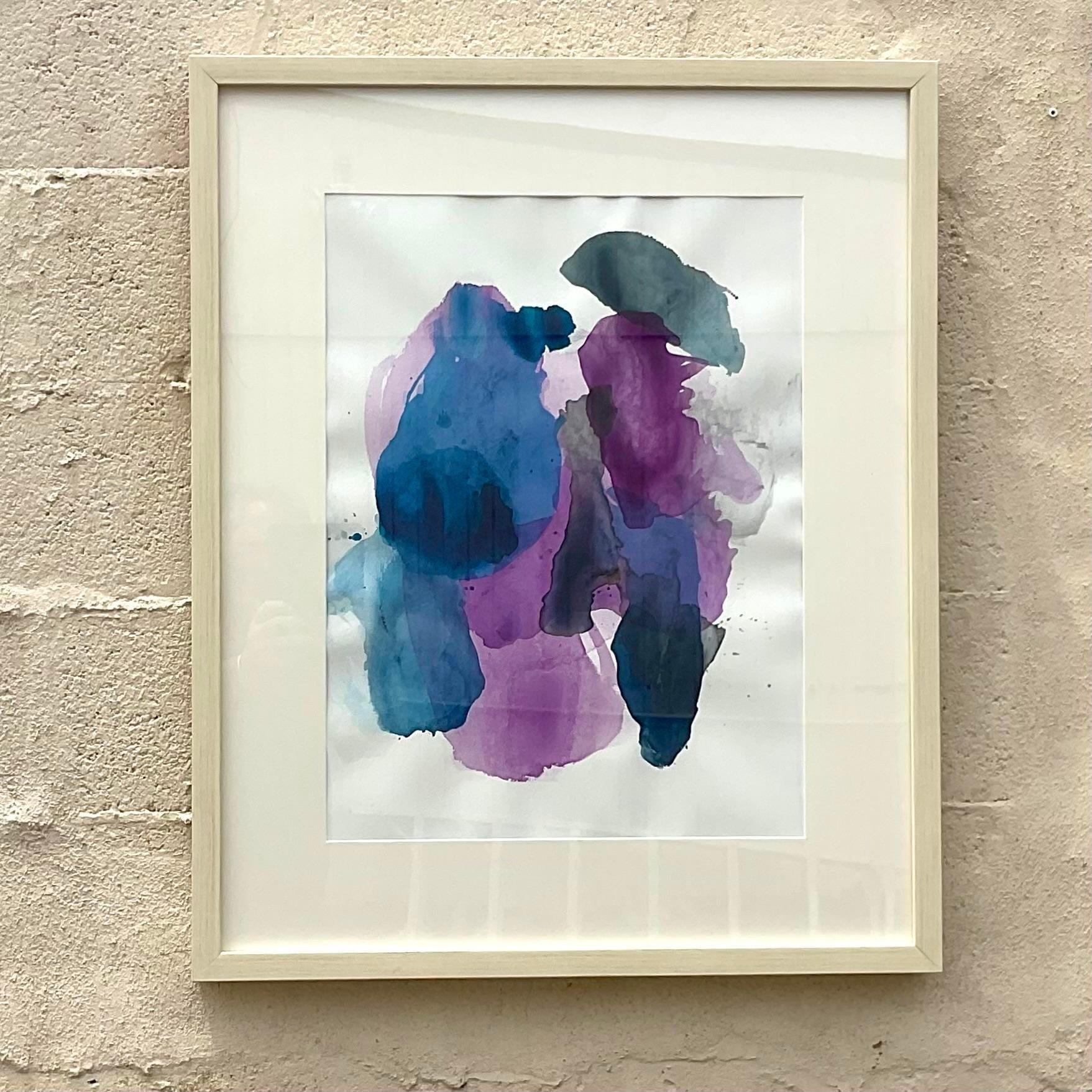 Vintage Boho Original Abstract Watercolor on Paper Signed Swartz In Good Condition For Sale In west palm beach, FL