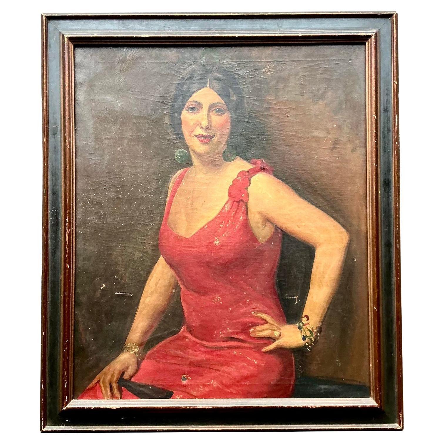 Vintage Boho Original Art Deco Oil Portrait of Woman