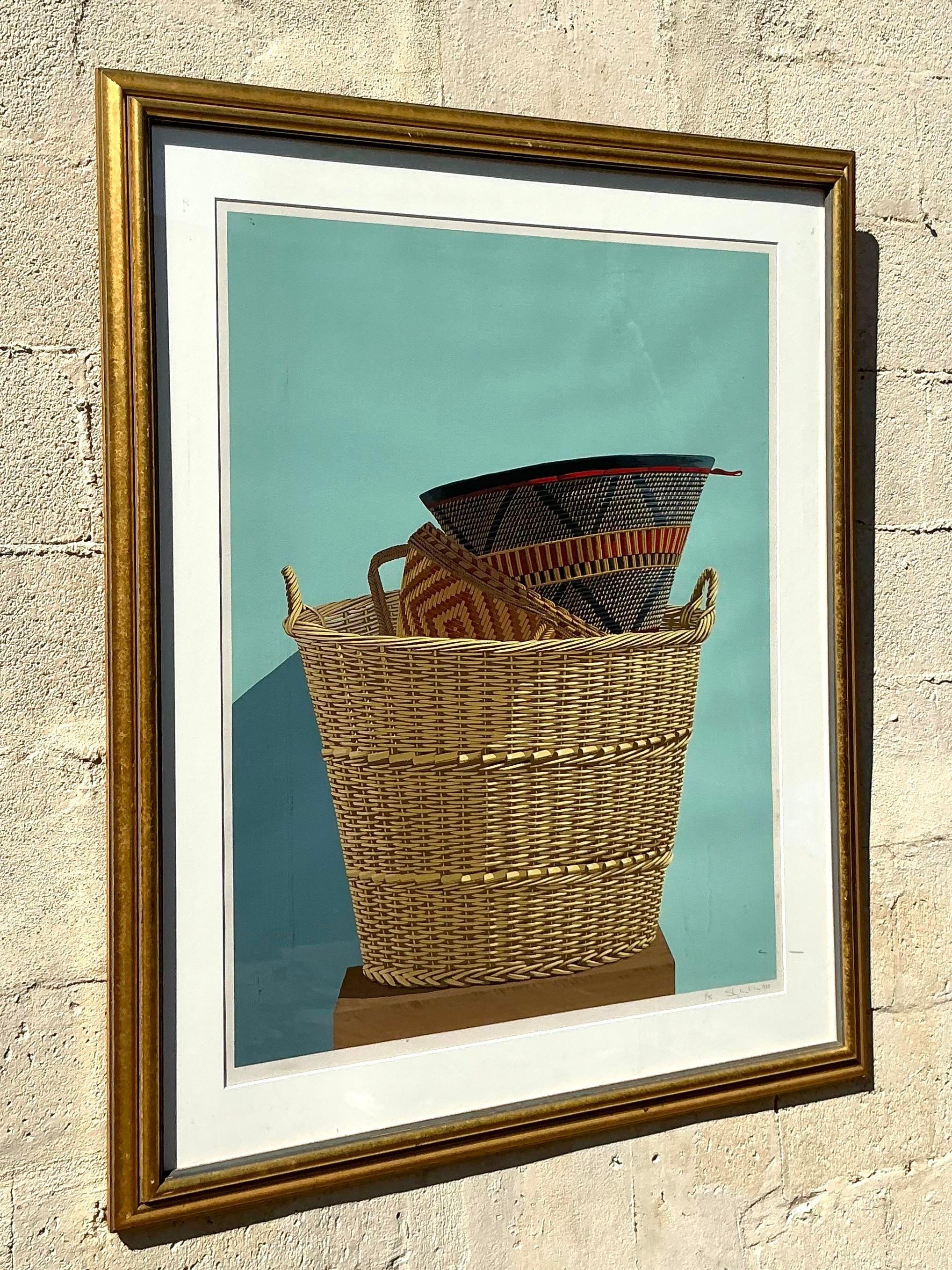 Cattura l'essenza dello stile boho con questa serigrafia originale vintage su carta. Caratterizzata da toni ricchi e terrosi e da dettagli intricati, quest'opera d'arte dona un'atmosfera naturale e artigianale a qualsiasi spazio. La tecnica della