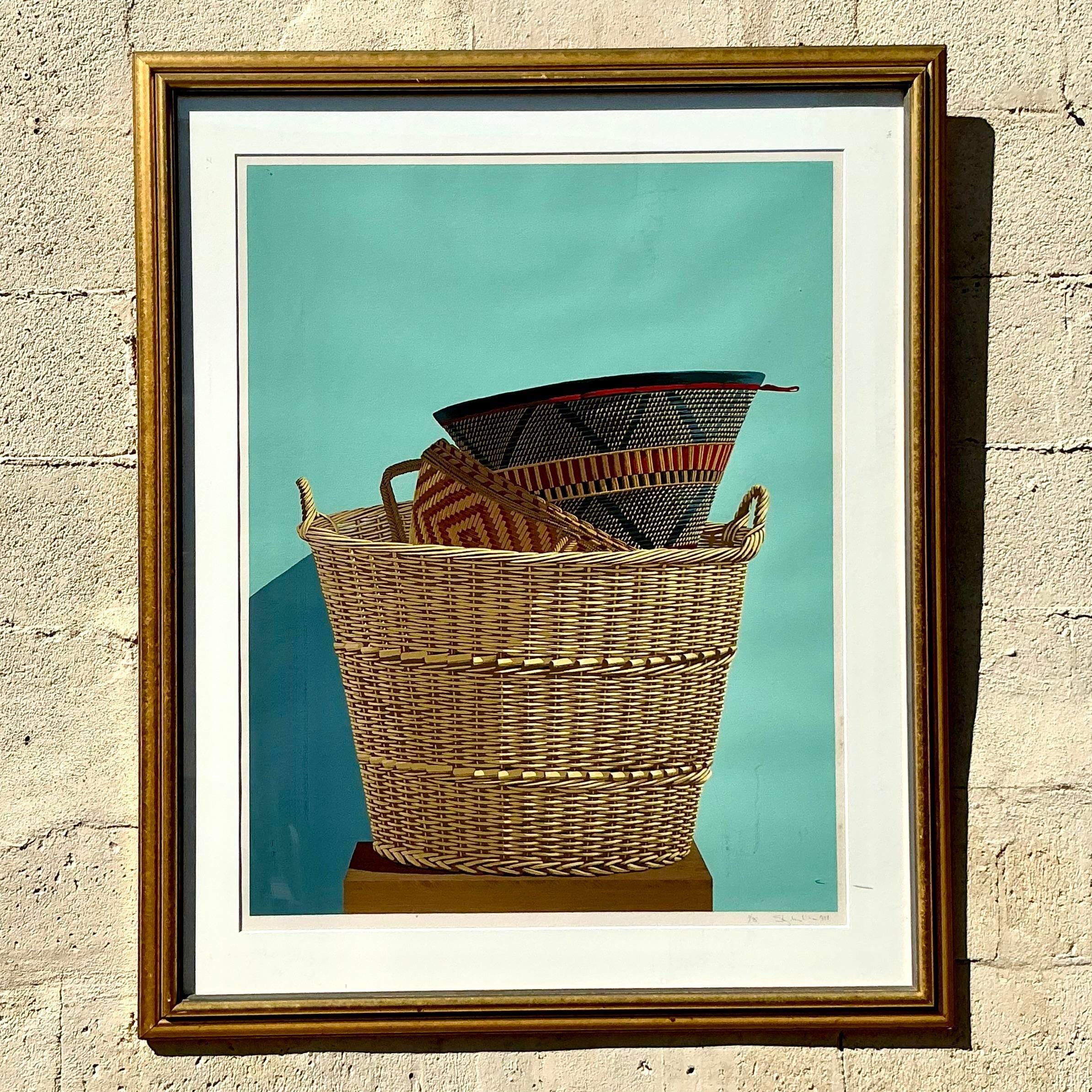 Americano Serigrafia originale su carta di un cesto boho d'epoca in vendita