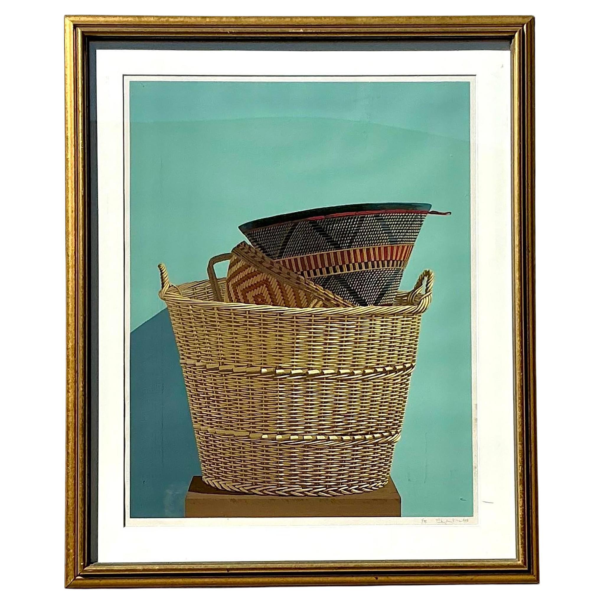 Vintage Boho Original Basket Serigraph on Paper