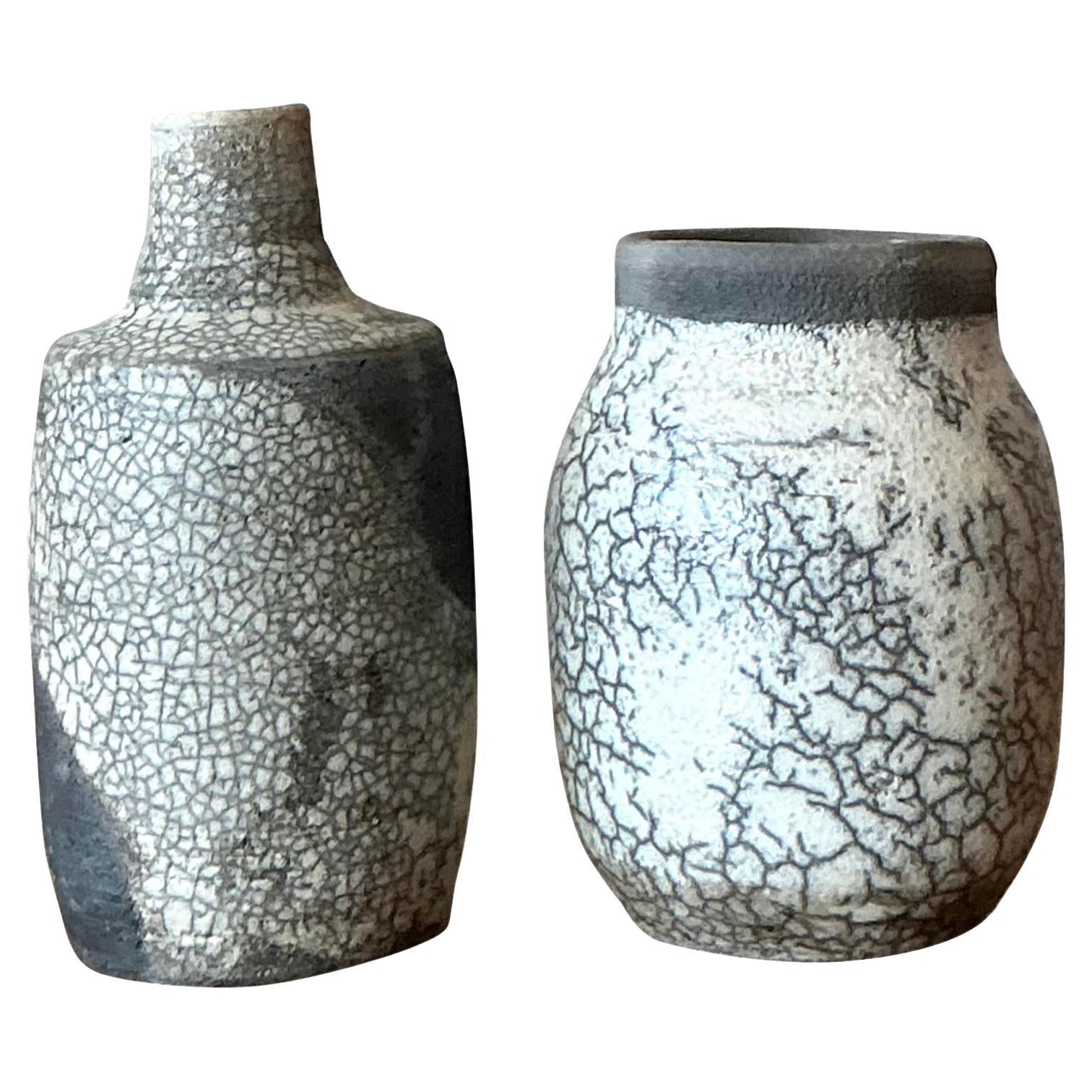 Vintage Boho Original Crackle Finish Studio Pottery Vasen - Satz von 2