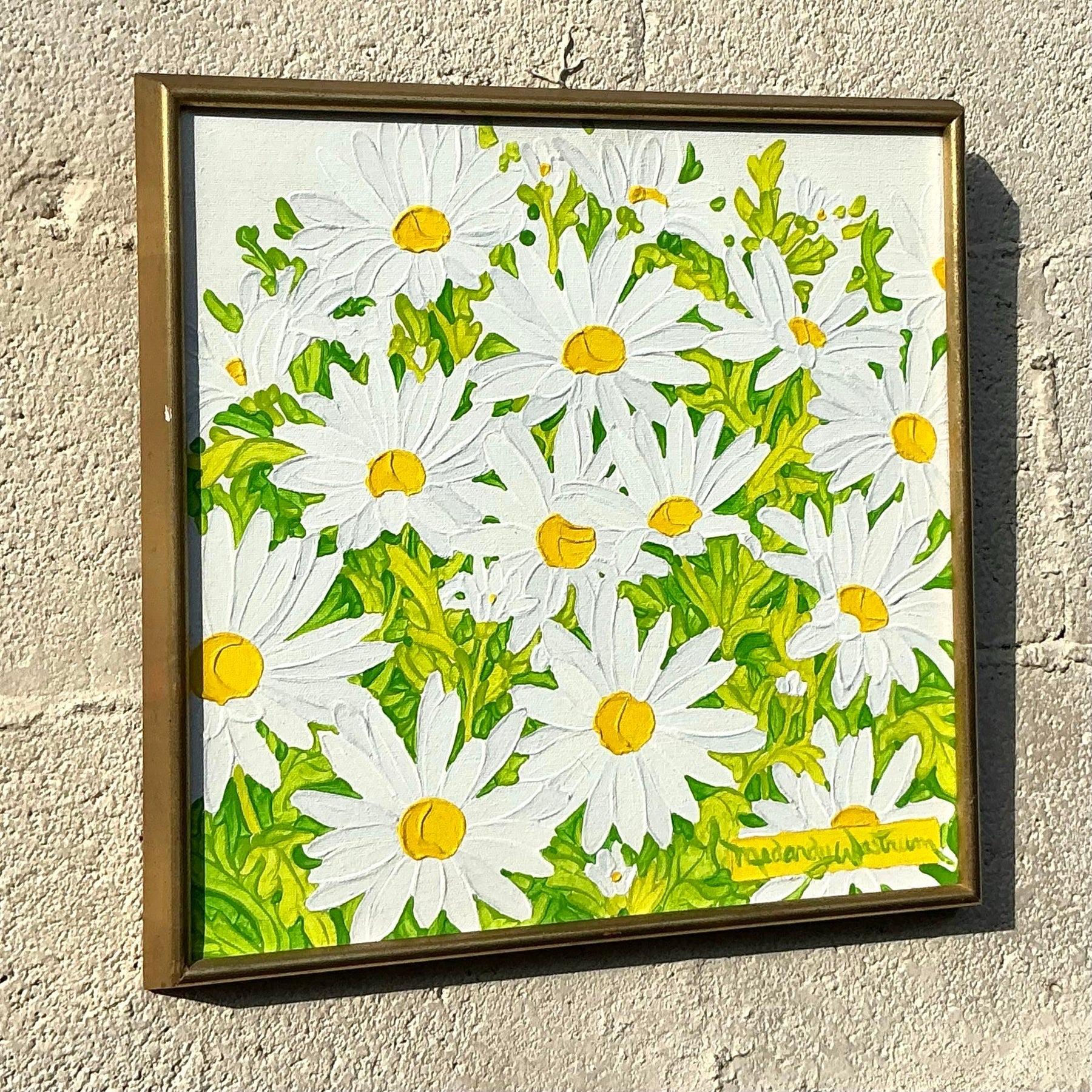 Aggiungi un tocco di fascino vintage al tuo arredamento con questo originale dipinto a olio su tavola con margherite in stile boho. Catturando la delicata bellezza delle margherite in toni caldi e terrosi, quest'opera d'arte dipinta a mano emana
