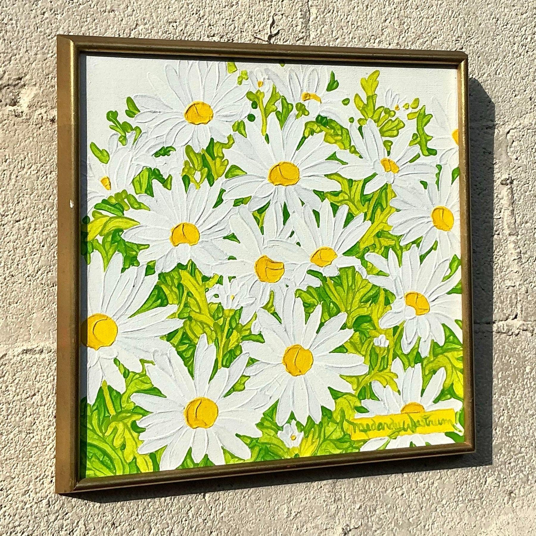 Hollywood Regency Pittura a olio su tavola con margherita originale Boho d'epoca