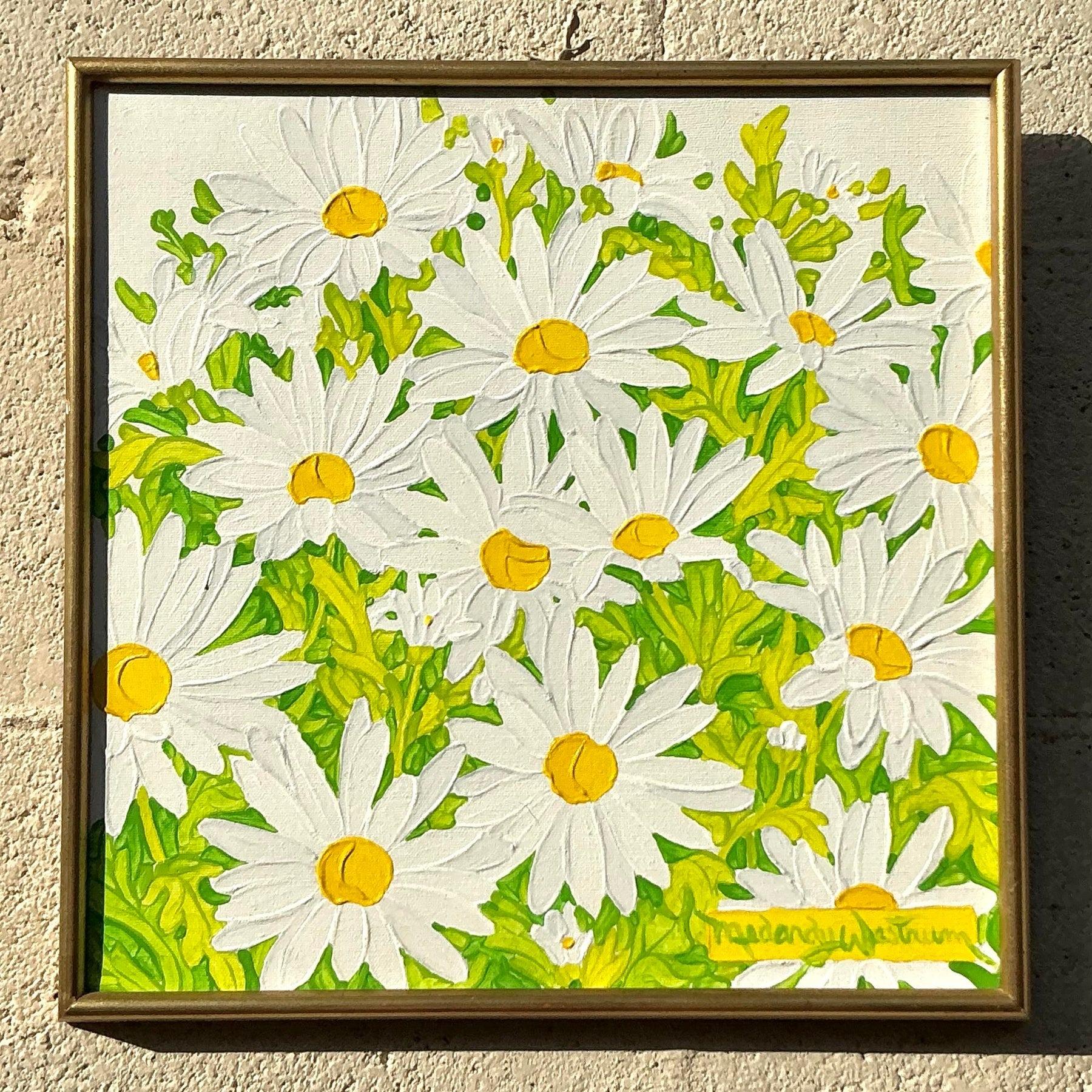 Americano Pittura a olio su tavola con margherita originale Boho d'epoca