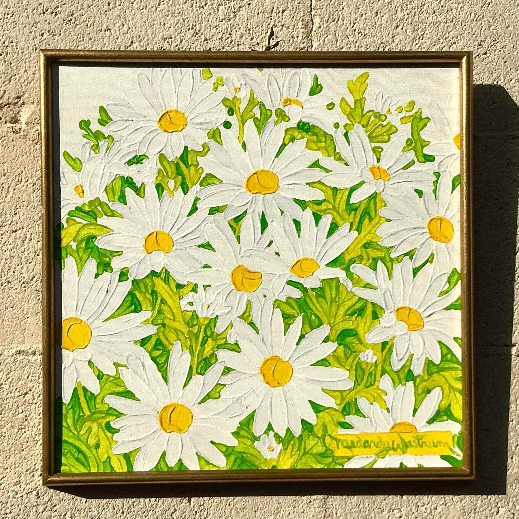 Pittura a olio su tavola con margherita originale Boho d'epoca In condizioni buone a west palm beach, FL