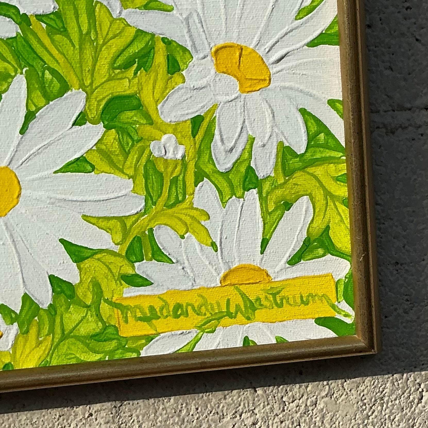 XX secolo Pittura a olio su tavola con margherita originale Boho d'epoca