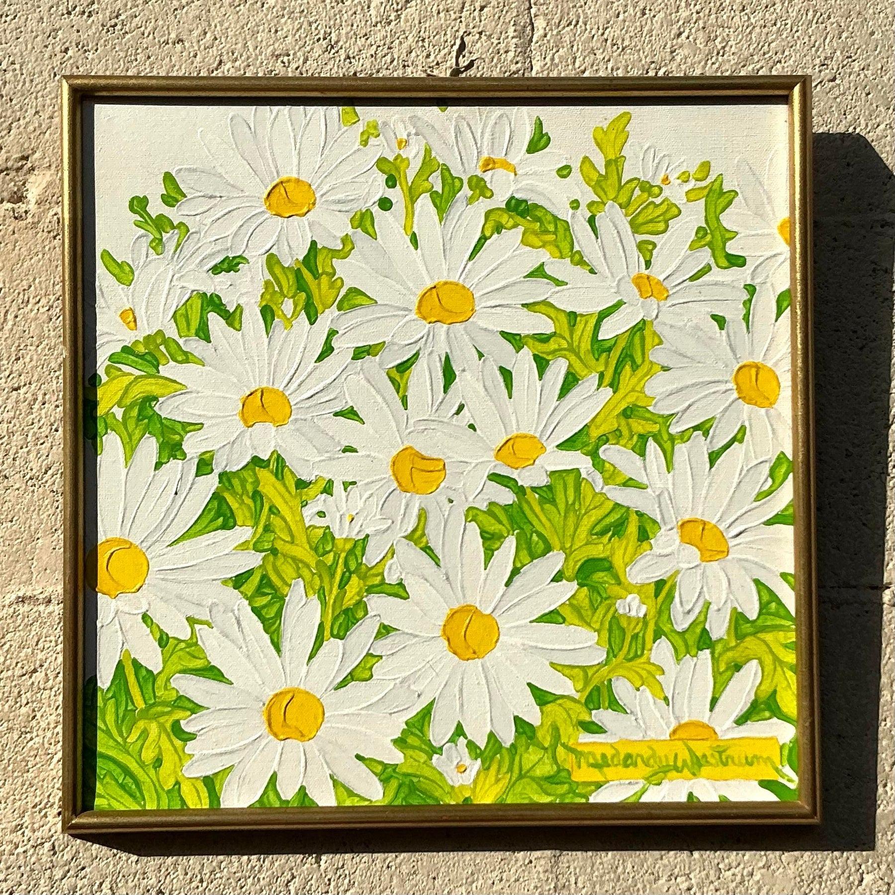 Pittura a olio su tavola con margherita originale Boho d'epoca 1