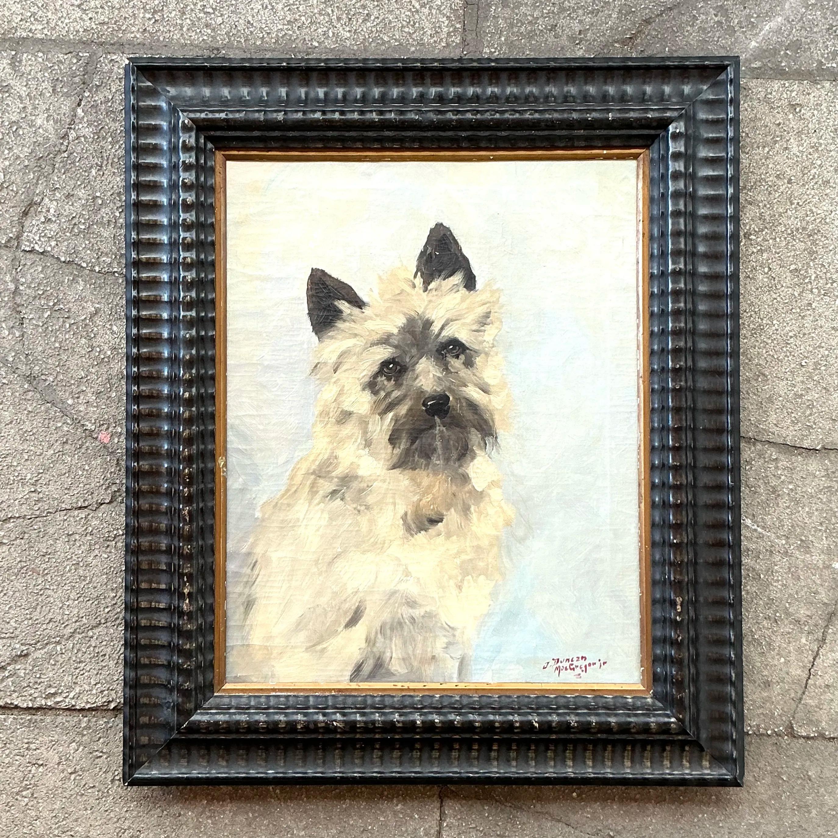 Vintage Boho Retrato original de perro sobre lienzo Estadounidense en venta
