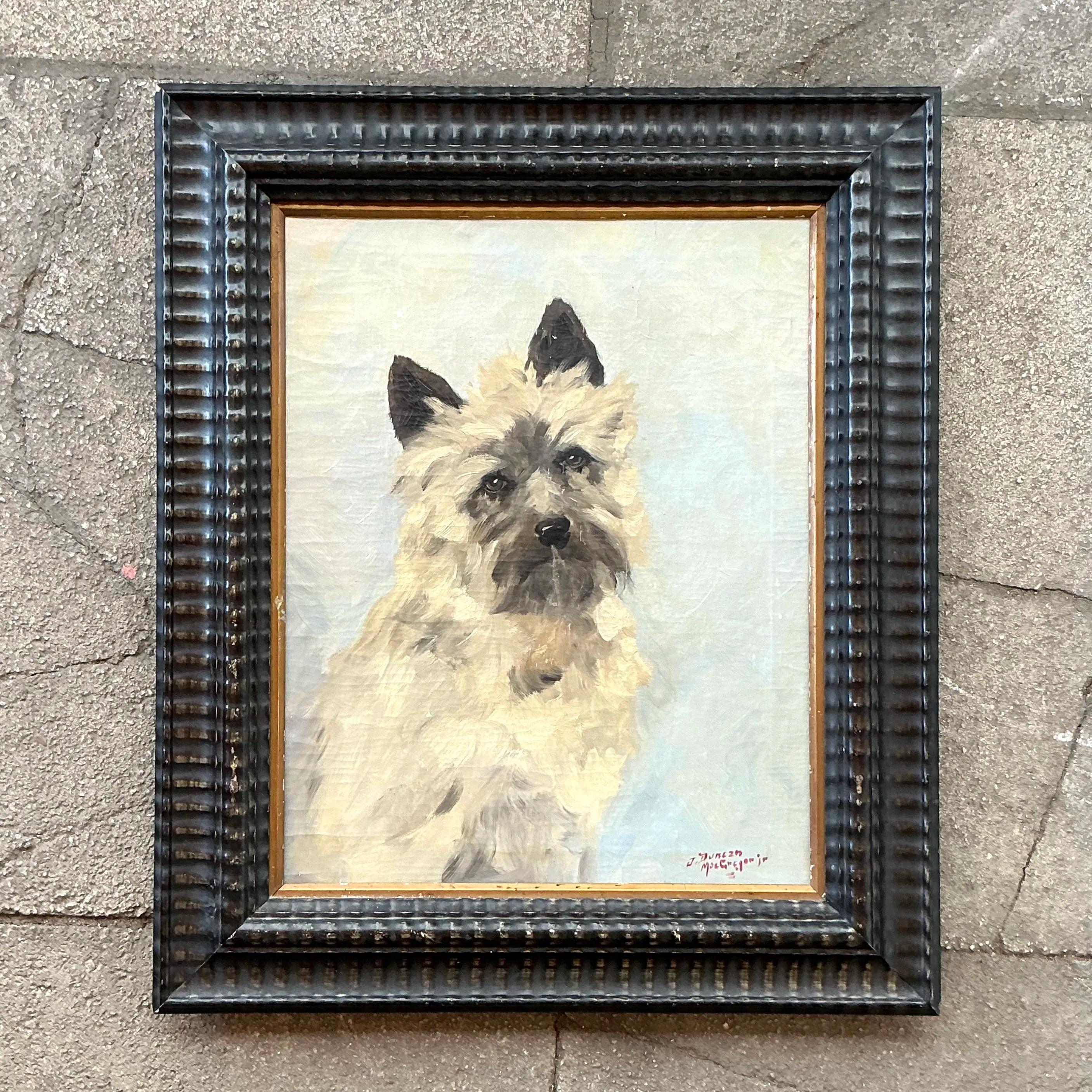 Vintage Boho Retrato original de perro sobre lienzo en Bueno estado para la venta en west palm beach, FL