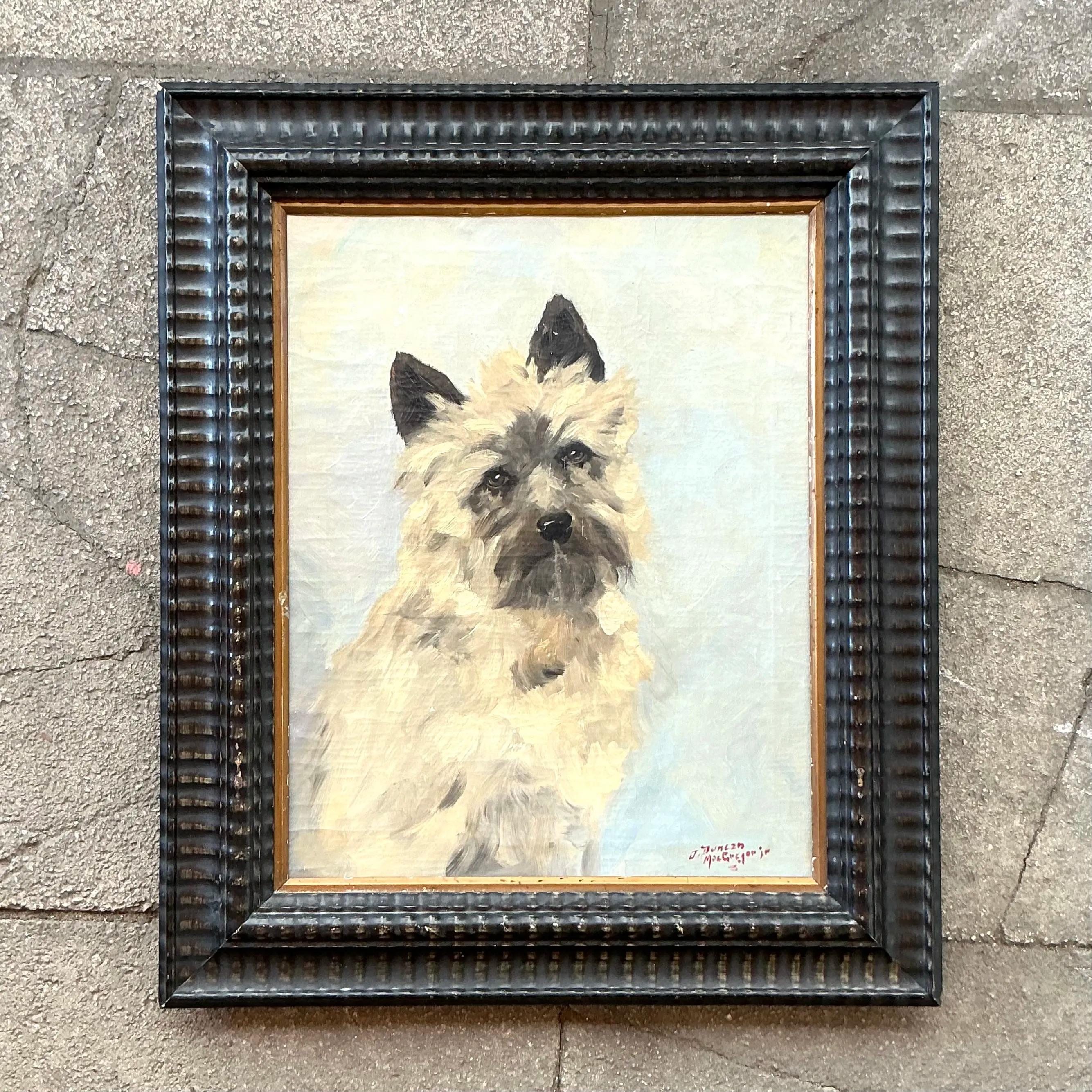 Vintage Boho Retrato original de perro sobre lienzo Lienzo en venta