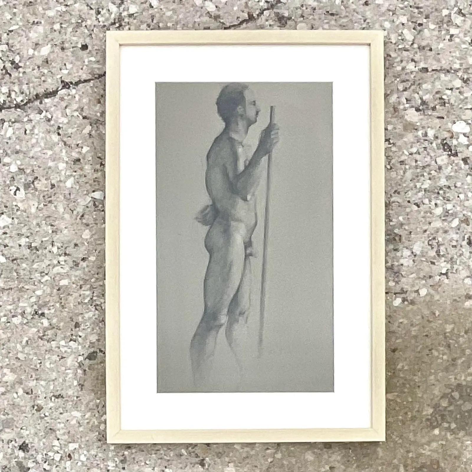 A chic vintage Boho original pencil drawing. A chic composition of a nude male. Beautifully framed. Acquired from a Palm Beach estate.