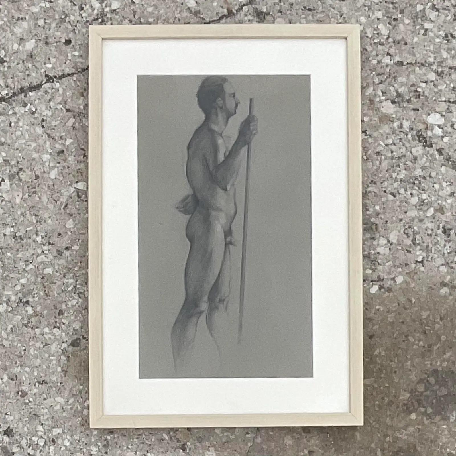 North American Vintage Boho Original Drawing of Nude Male For Sale