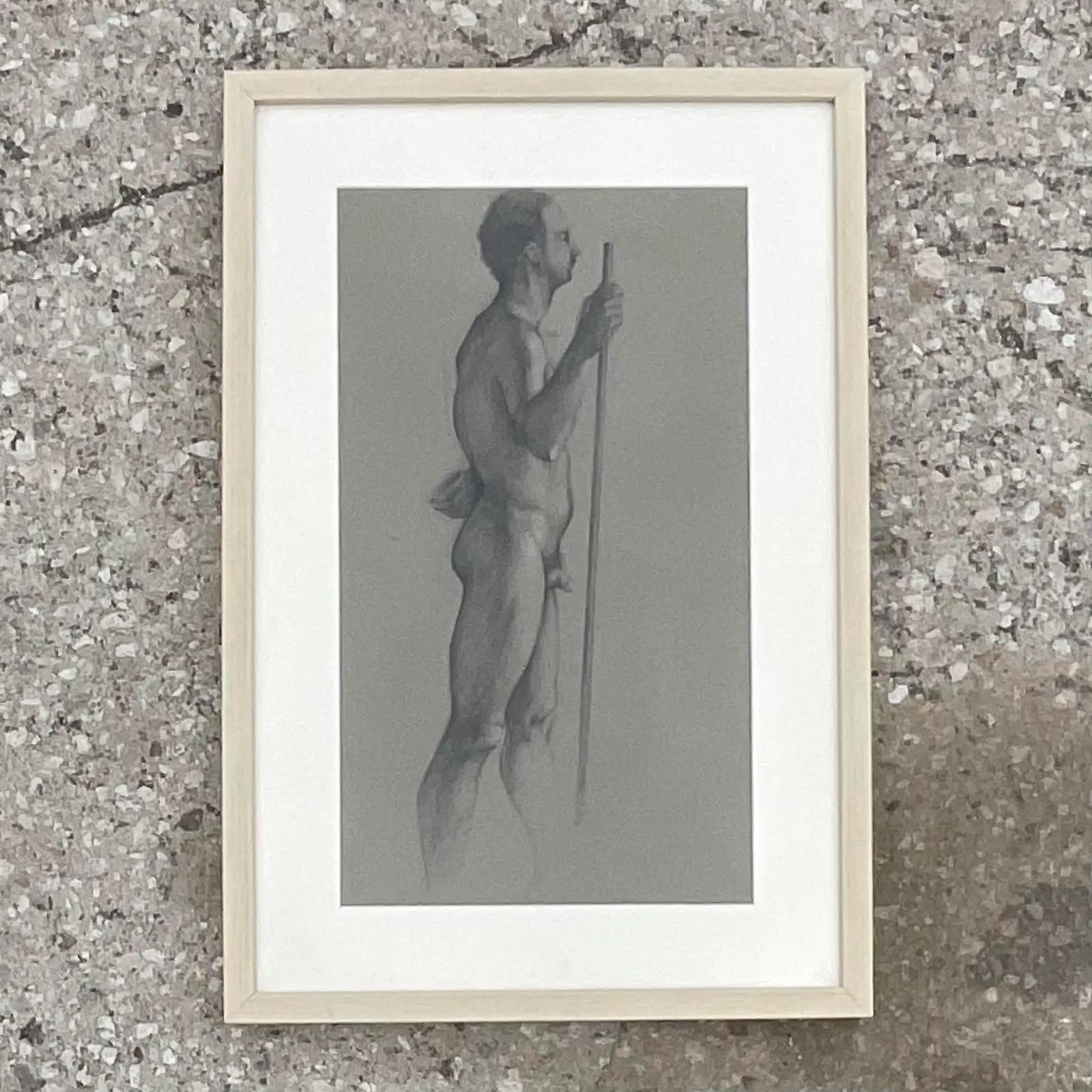 Vintage Boho Original Drawing of Nude Male In Good Condition For Sale In west palm beach, FL