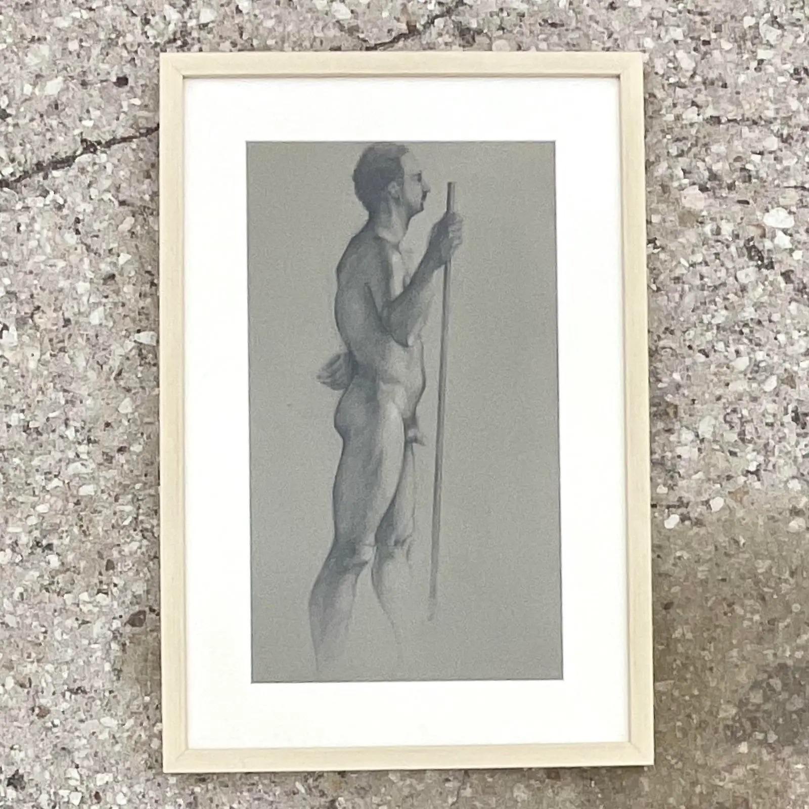 20th Century Vintage Boho Original Drawing of Nude Male For Sale