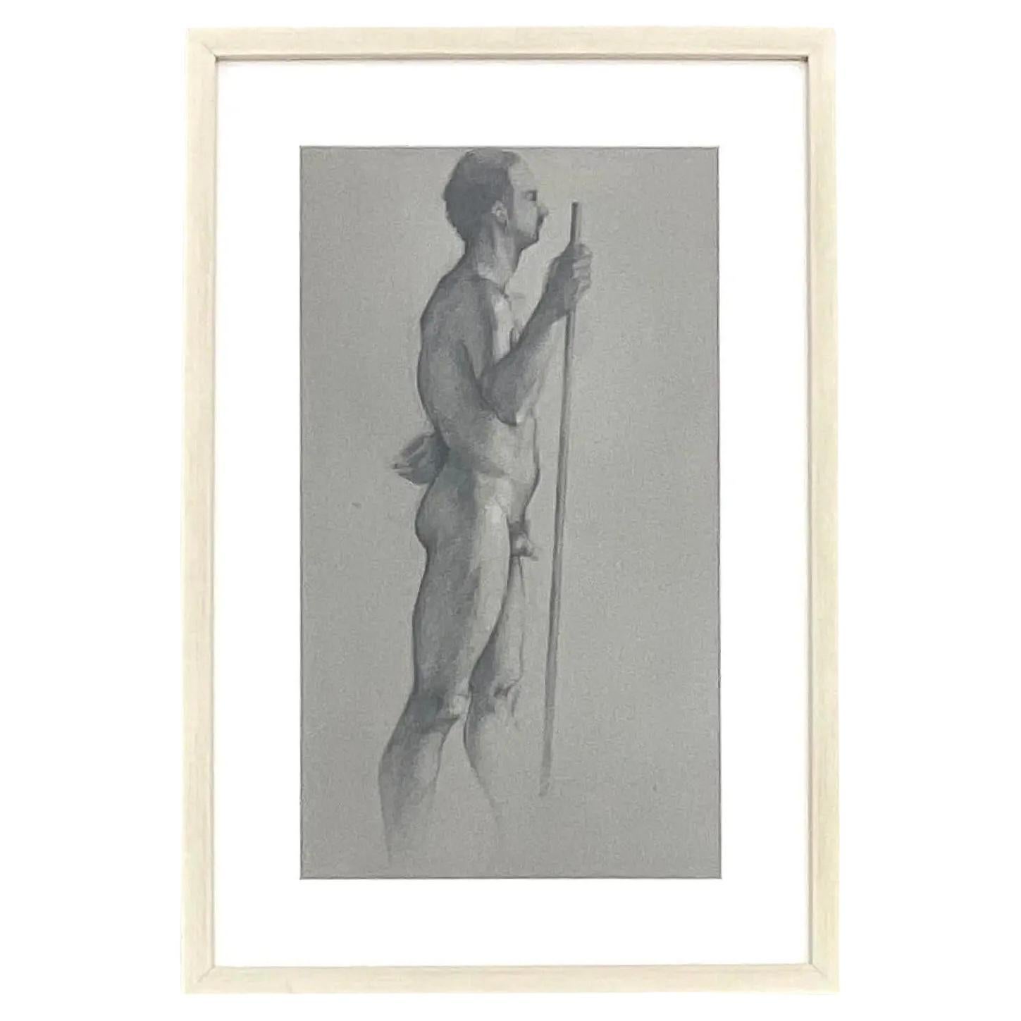 Vintage Boho Original Drawing of Nude Male